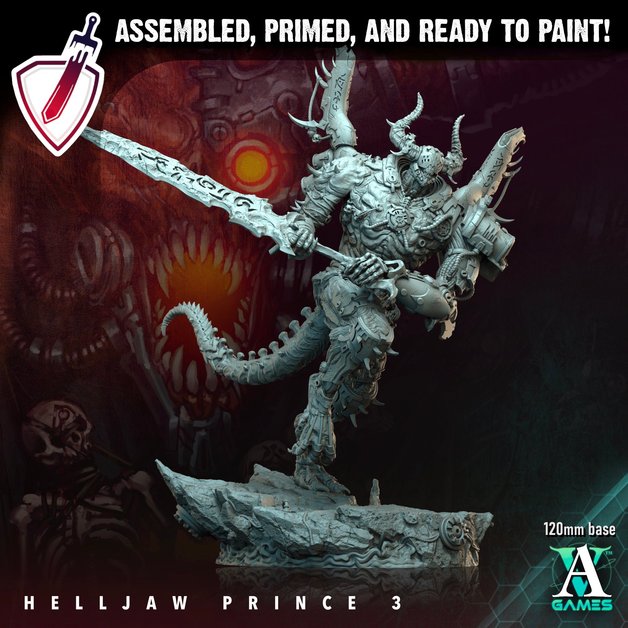 Helljaw Prince | (Massive) Miniatures by Archvillain Games | Resin Mini for Tabletop Gaming, D&D, Wargaming, Painting | Assembled and Primed - Brush and Battle