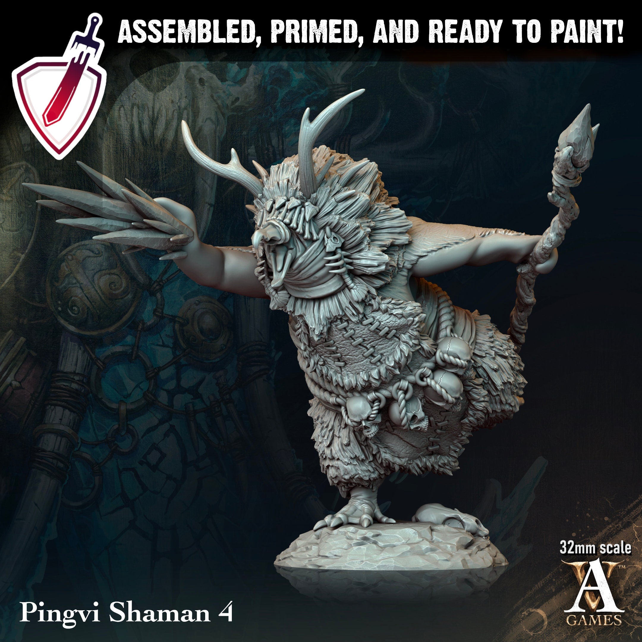 Pingvi Shaman | Miniatures by Archvillain Games | Resin Mini for Tabletop Gaming, D&D, Pathfinder, and Painting | Assembled and Primed - Brush and Battle
