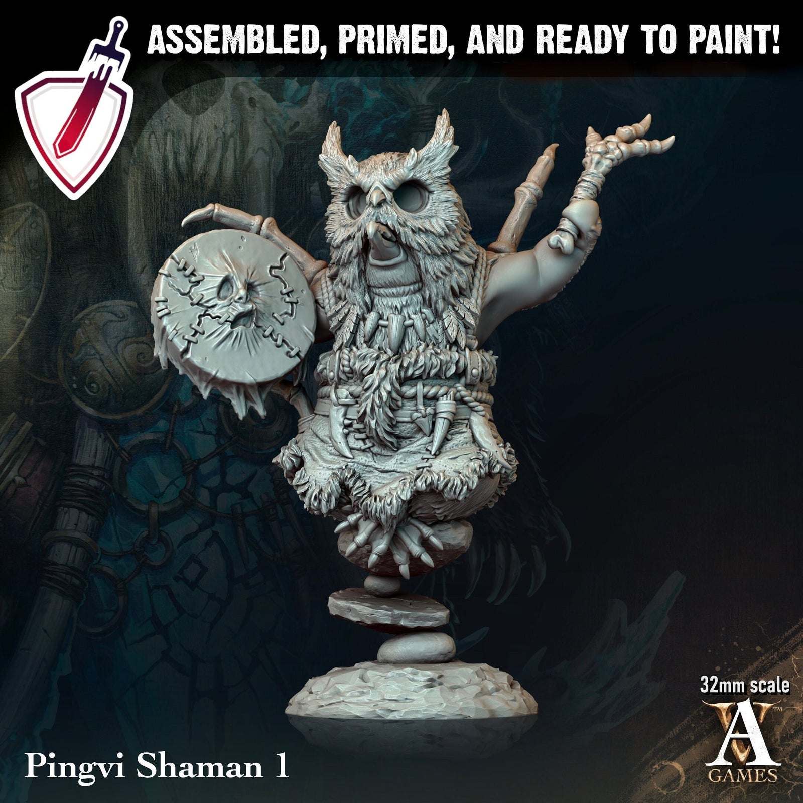 Pingvi Shaman | Miniatures by Archvillain Games | Resin Mini for Tabletop Gaming, D&D, Pathfinder, and Painting | Assembled and Primed - Brush and Battle