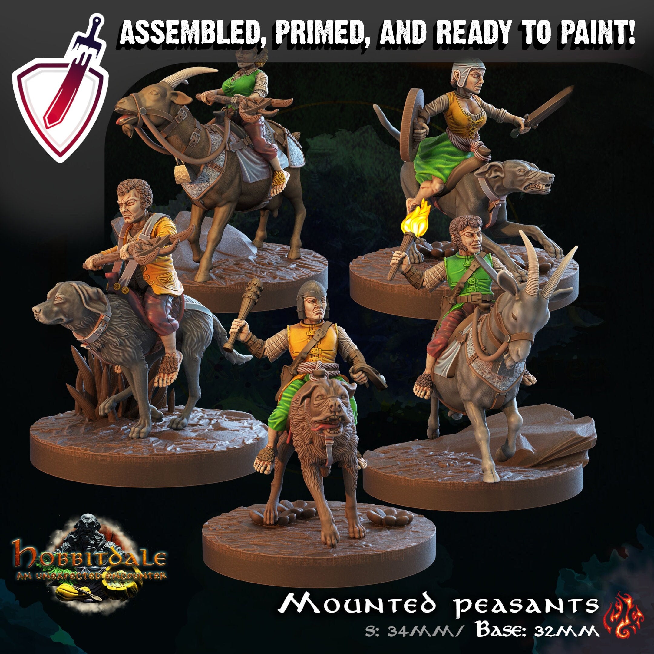 Mounted Halfling Peasants | Miniature by Crippled God Foundry | For Tabletop Gaming, D&D, Pathfinder, and Painting | Assembled and Primed - Brush and Battle