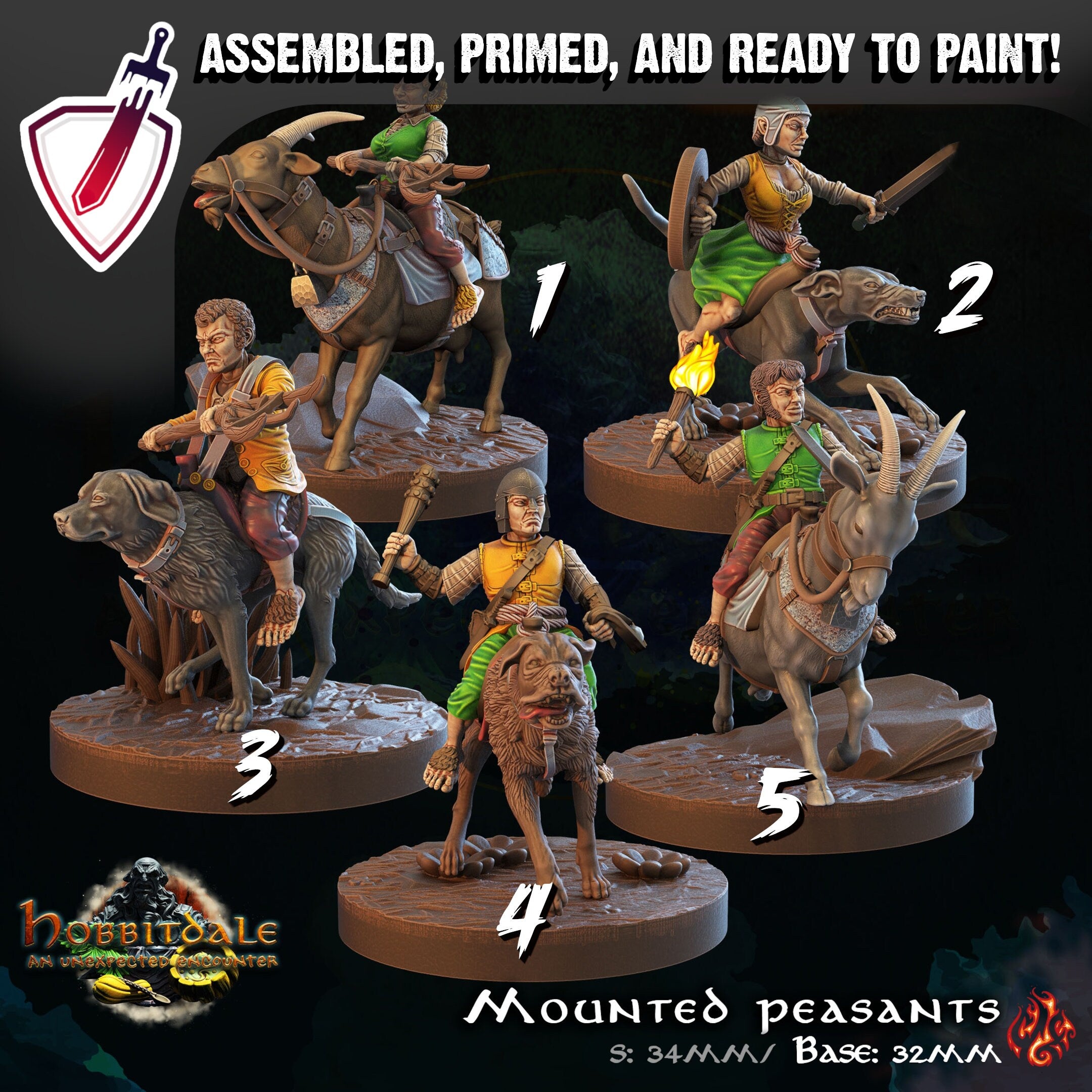Mounted Halfling Peasants | Miniature by Crippled God Foundry | For Tabletop Gaming, D&D, Pathfinder, and Painting | Assembled and Primed - Brush and Battle