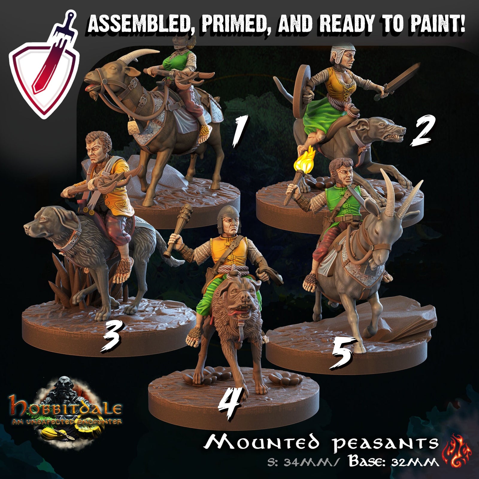 Mounted Halfling Peasants | Miniature by Crippled God Foundry | For Tabletop Gaming, D&D, Pathfinder, and Painting | Assembled and Primed - Brush and Battle