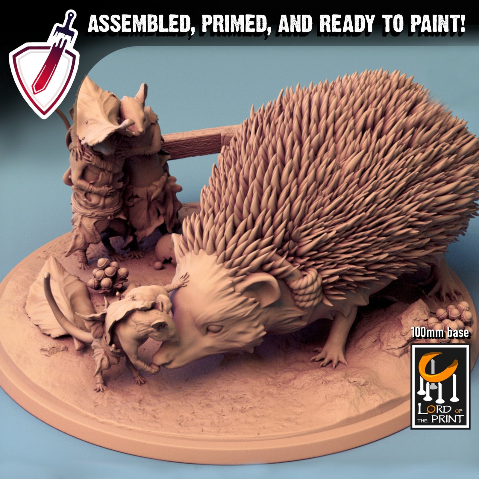 Hedgehog and Mouse Family | (Large) Miniature by Lord of the Print | For Tabletop Gaming, D&D, Pathfinder, Painting | Assembled and Primed - Brush and Battle
