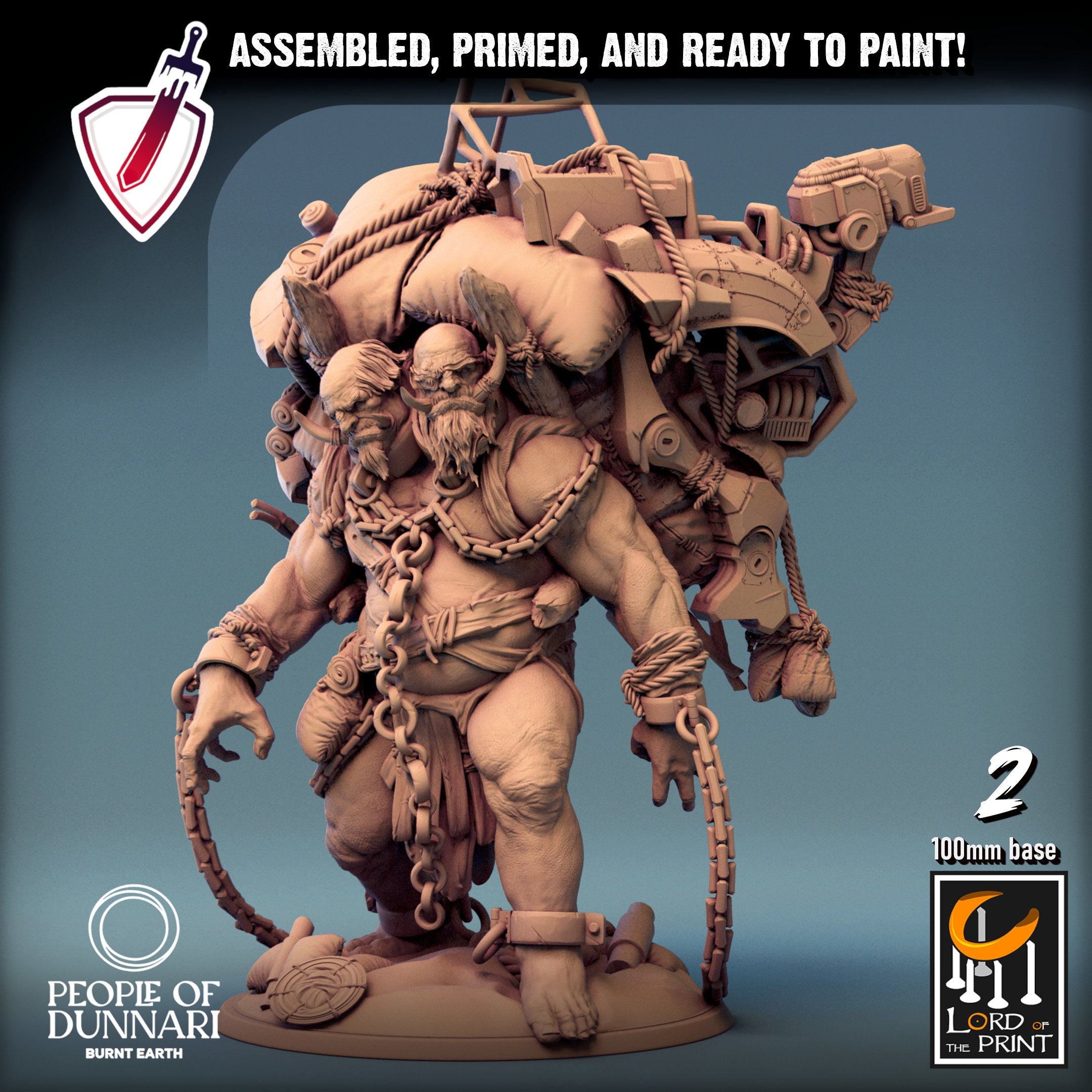 Sand Ettin | (Large) Miniatures by Lord of the Print | For Tabletop Gaming, D&D, Pathfinder, Painting | Assembled and Primed - Brush and Battle