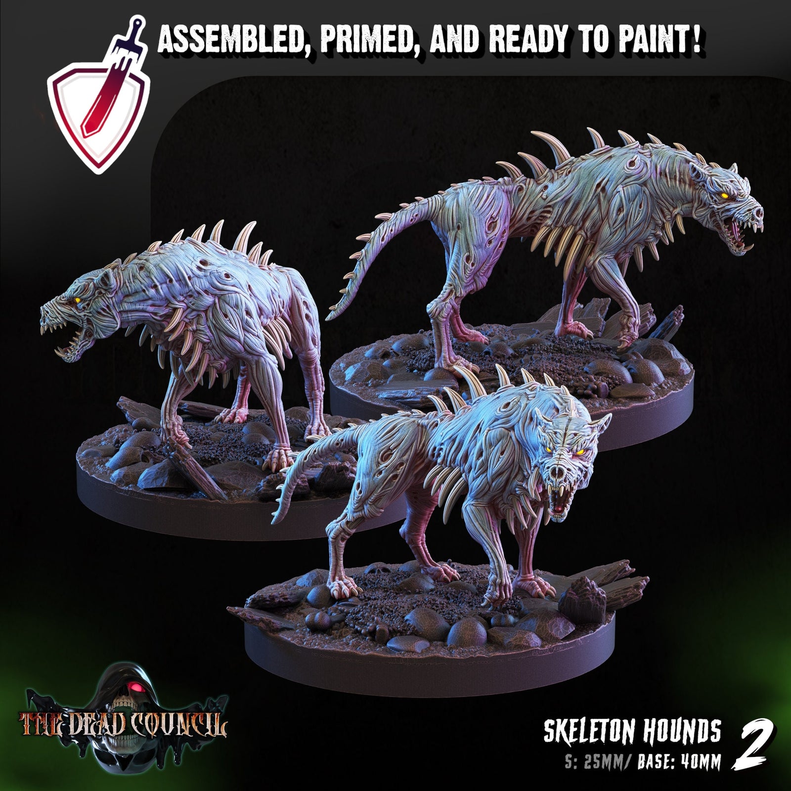 Skeletal Hounds | Miniatures by Crippled God Foundry | Resin Mini for Tabletop Gaming, D&D, Pathfinder, and Painting | Assembled and Primed - Brush and Battle