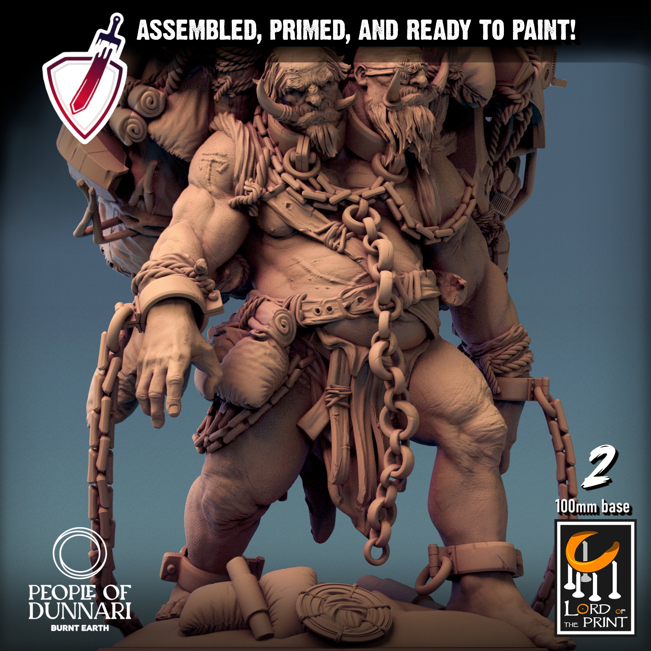 Sand Ettin | (Large) Miniatures by Lord of the Print | For Tabletop Gaming, D&D, Pathfinder, Painting | Assembled and Primed - Brush and Battle