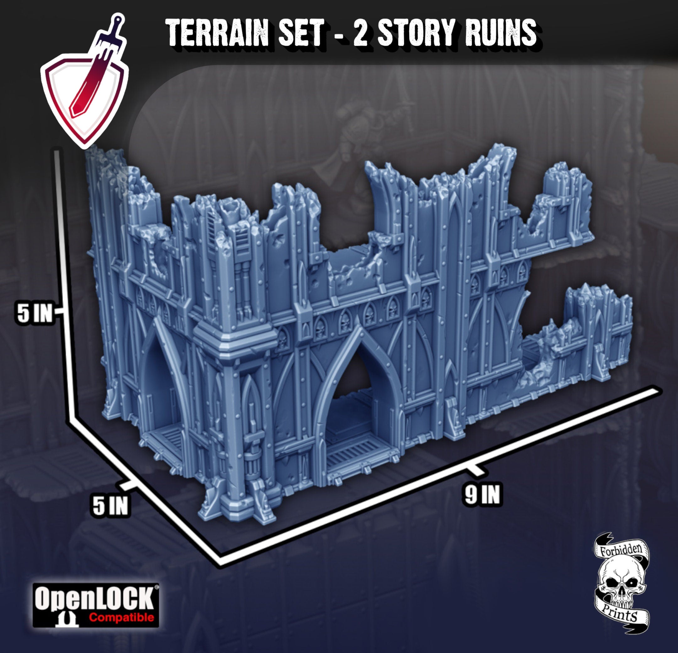 Two Story Ruins Tabletop Terrain | Destroyed Gothic Cathedral | By Forbidden Prints | Great for Any Tabletop Wargame! - Brush and Battle