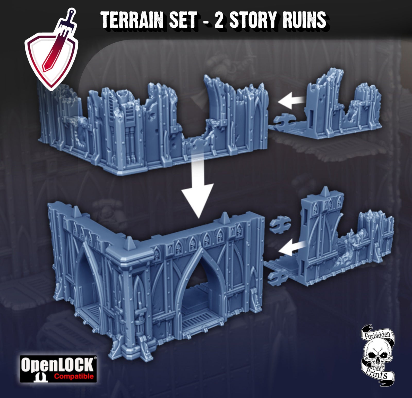 Two Story Ruins Tabletop Terrain | Destroyed Gothic Cathedral | By Forbidden Prints | Great for Any Tabletop Wargame! - Brush and Battle
