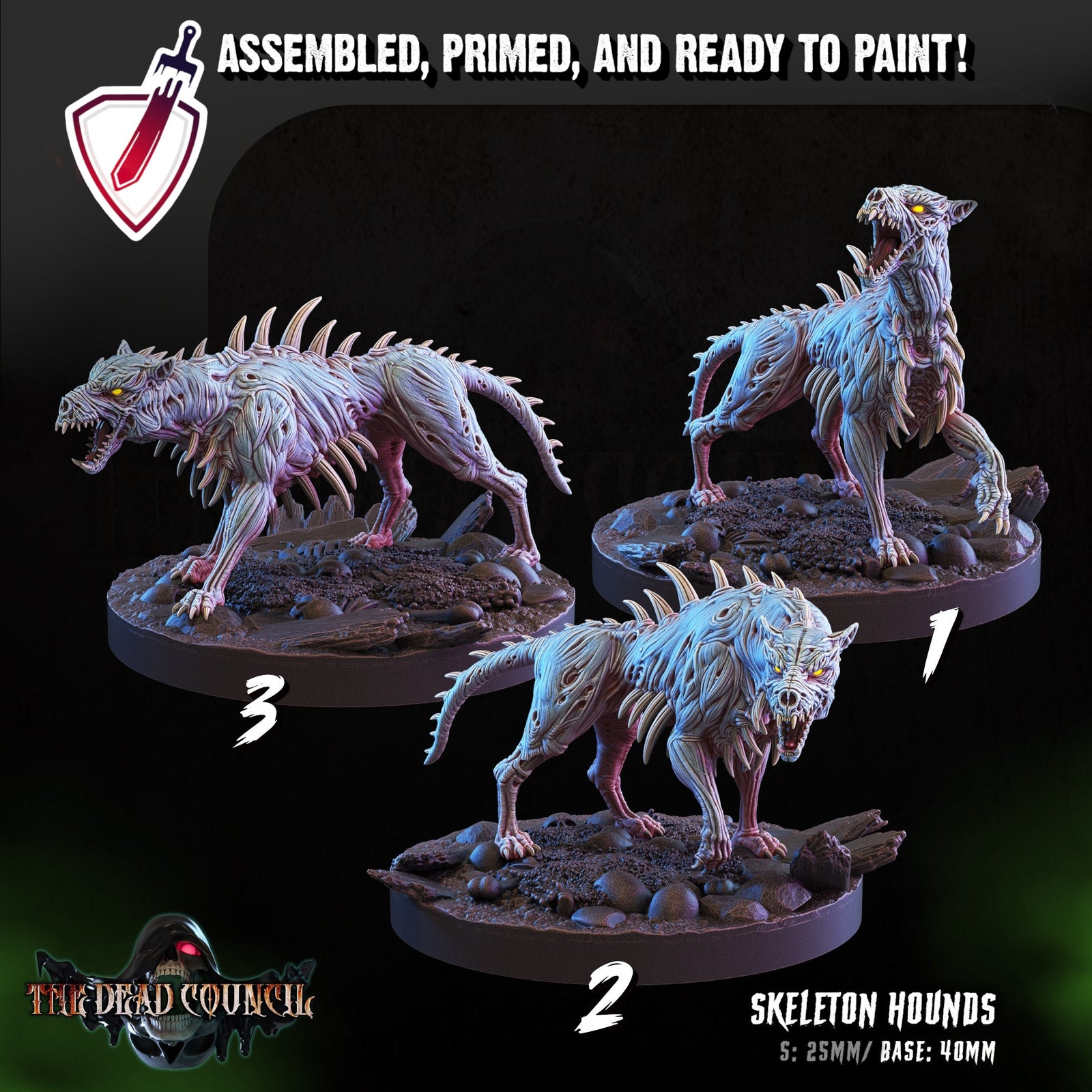 Skeletal Hounds | Miniatures by Crippled God Foundry | Resin Mini for Tabletop Gaming, D&D, Pathfinder, and Painting | Assembled and Primed - Brush and Battle