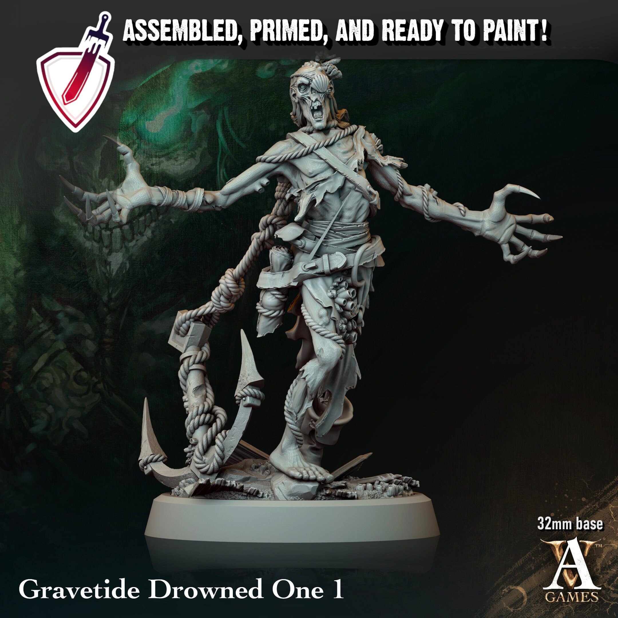 Gravetide Drowned One | Miniatures by Archvillain Games | Resin Mini for Tabletop Gaming, D&D, Pathfinder, Painting | Assembled and Primed - Brush and Battle