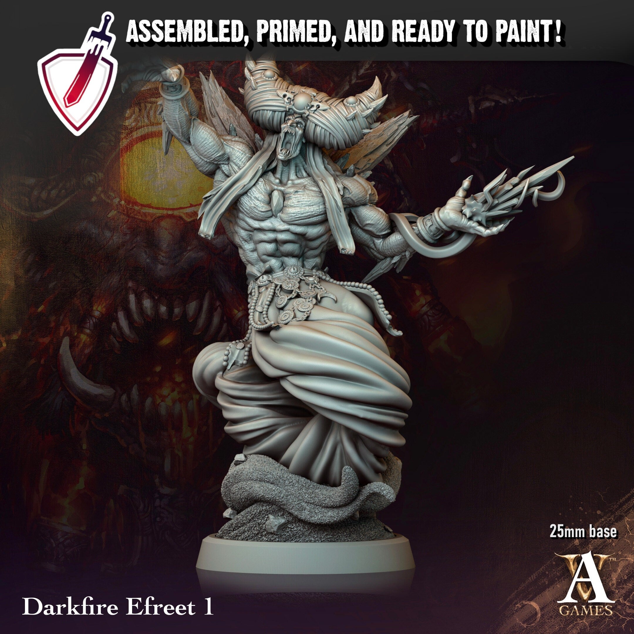 Darkfire Efreet | Miniatures by Archvillain Games | Resin Mini for Tabletop Gaming, D&D, Pathfinder, and Painting | Assembled and Primed - Brush and Battle