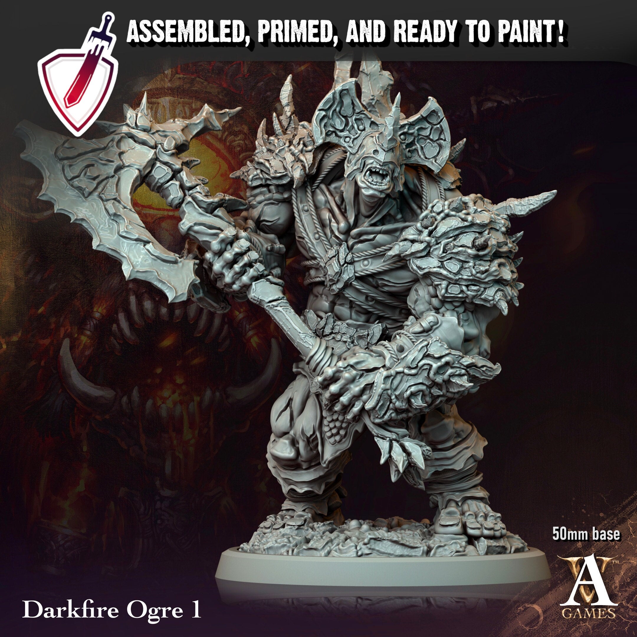 Darkfire Ogres | Miniatures by Archvillain Games | Resin Mini for Tabletop Gaming, D&D, Pathfinder, and Painting | Assembled and Primed - Brush and Battle