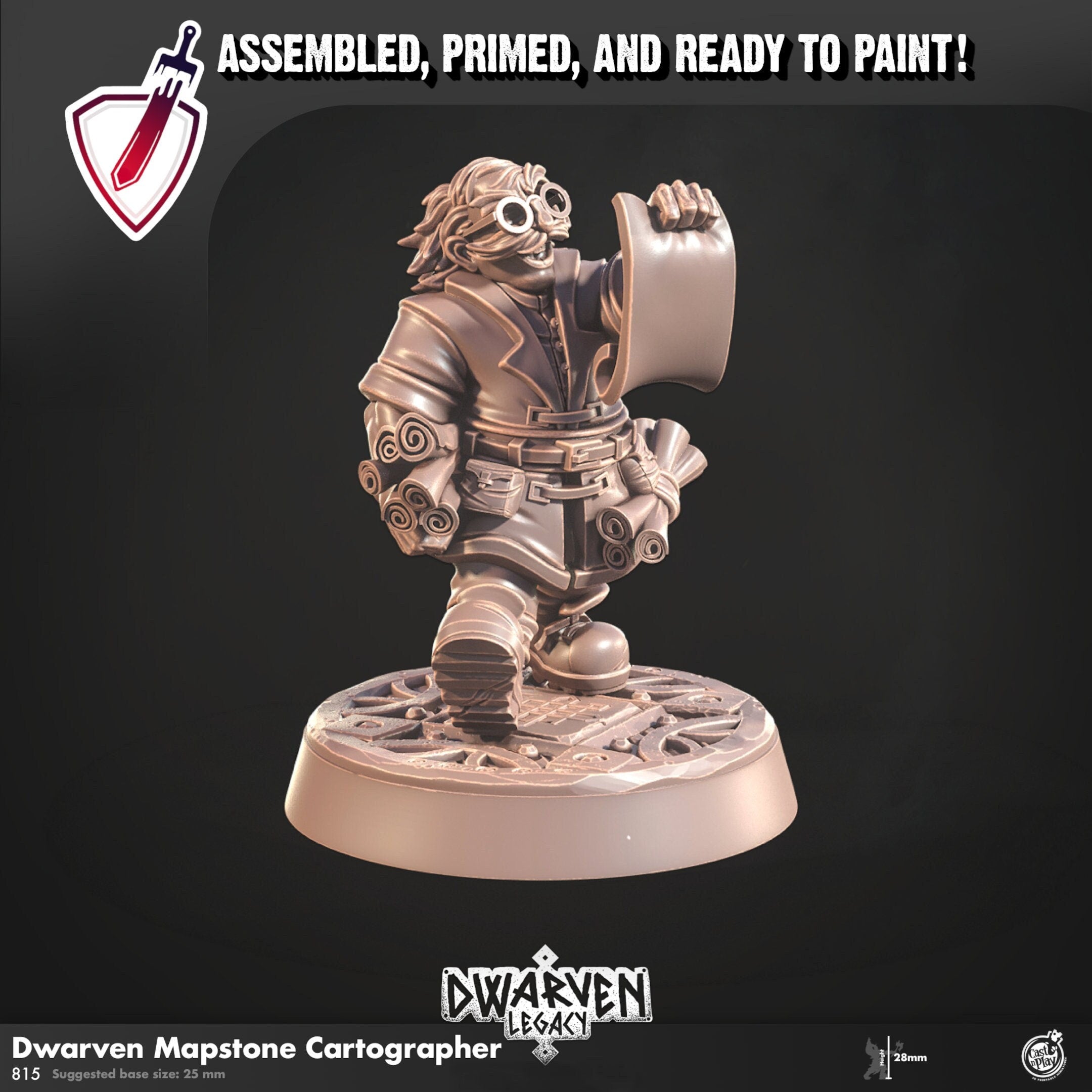 Dwarven Mapstone Cartographer | Miniature by Cast n Play | Mini for tabletop gaming, D&D, Pathfinder, and painting | Assembled and Primed - Brush and Battle