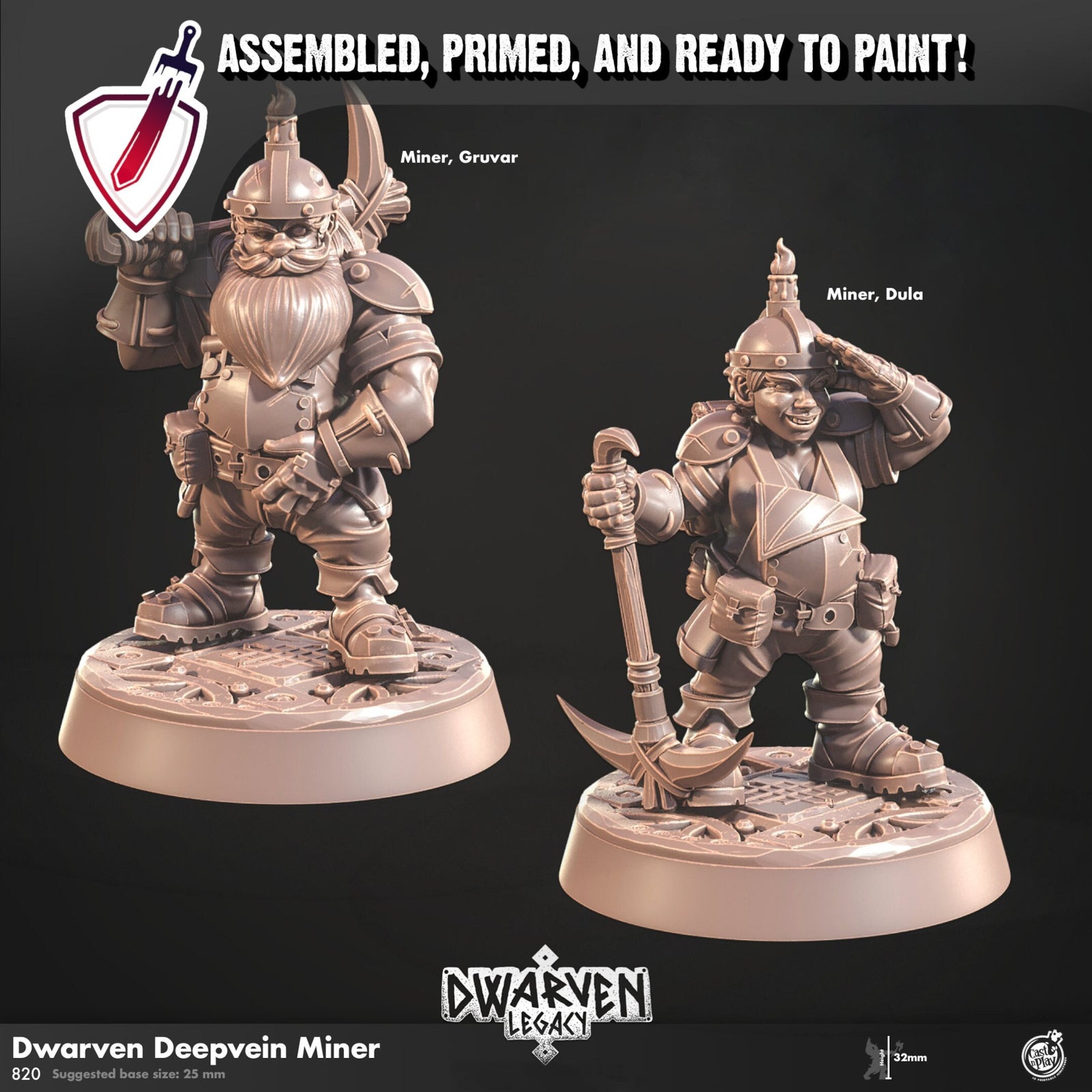 Dwarven Deepvein Delver | Miniatures by Cast n Play | Resin Mini For Tabletop Gaming, D&D, Pathfinder, Painting | Assembled and Primed - Brush and Battle