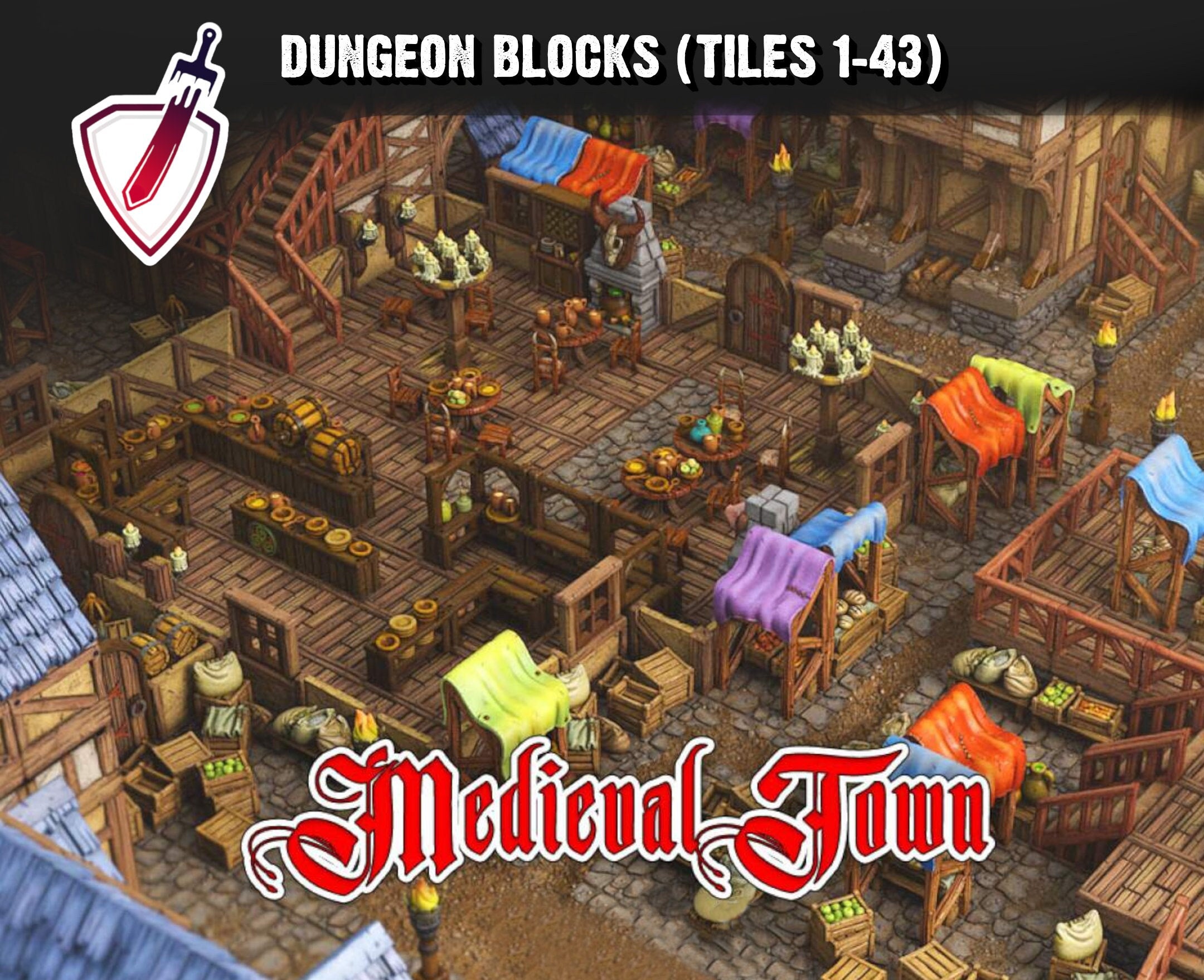 Dungeon Blocks Medieval Town Expansion Tiles (1-43) | FDM or Resin Printed | Great for D&D, Pathfinder, or any Tabletop RPG | Free Grids!