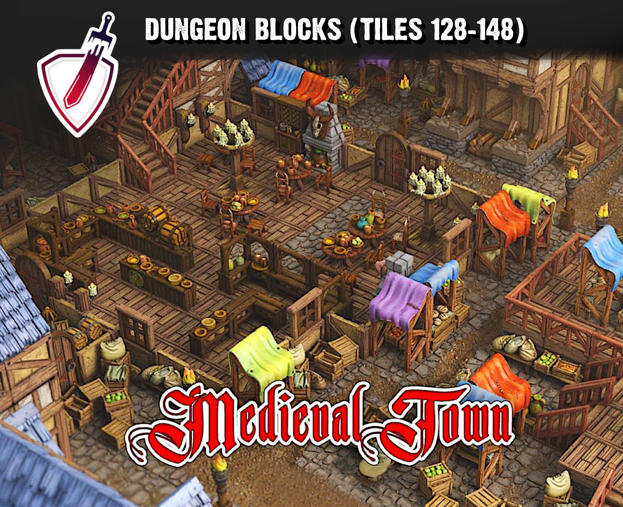 Dungeon Blocks Medieval Town Expansion Tiles (128-148) | FDM or Resin Printed | Great for D&D, Pathfinder, or any Tabletop RPG | Free Grids!