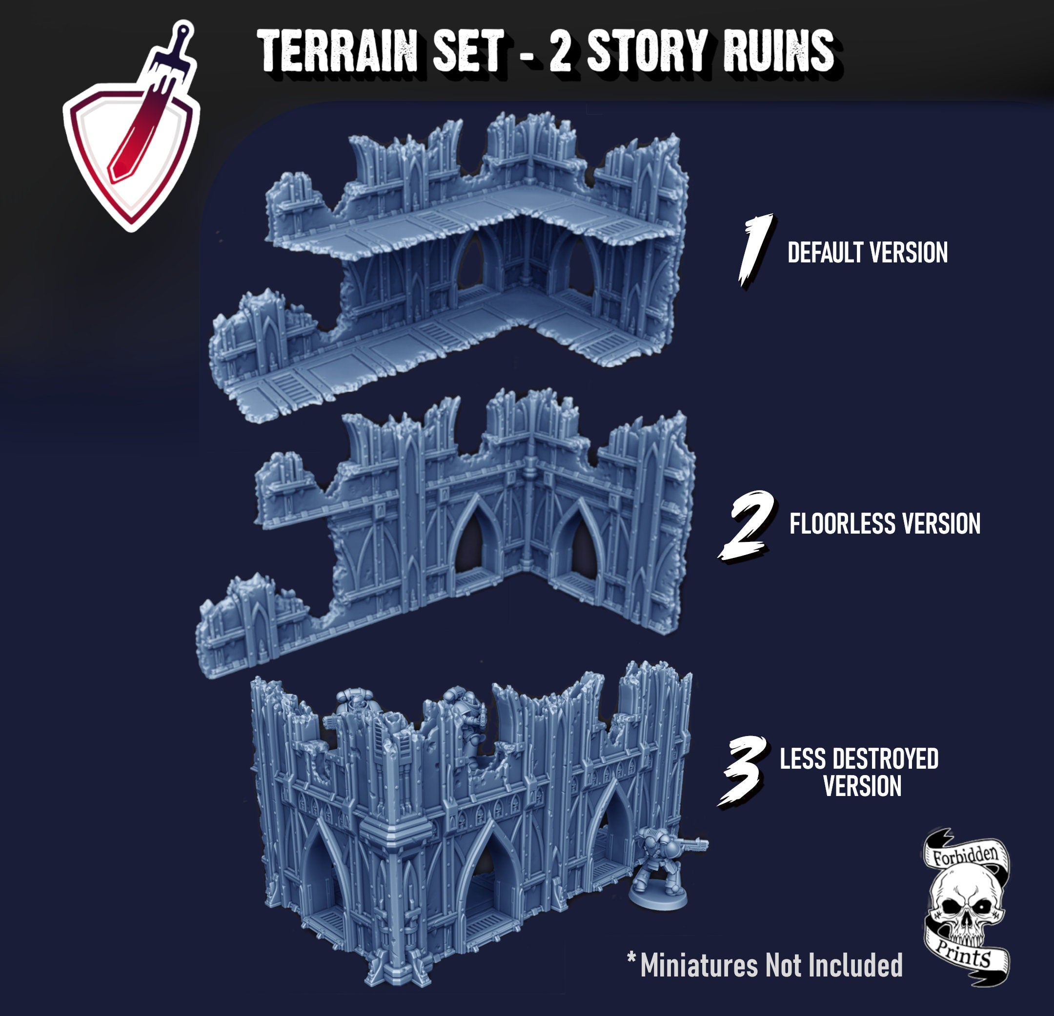 Two Story Ruins Tabletop Terrain | Destroyed Gothic Cathedral | By Forbidden Prints | Great for Any Tabletop Wargame! - Brush and Battle