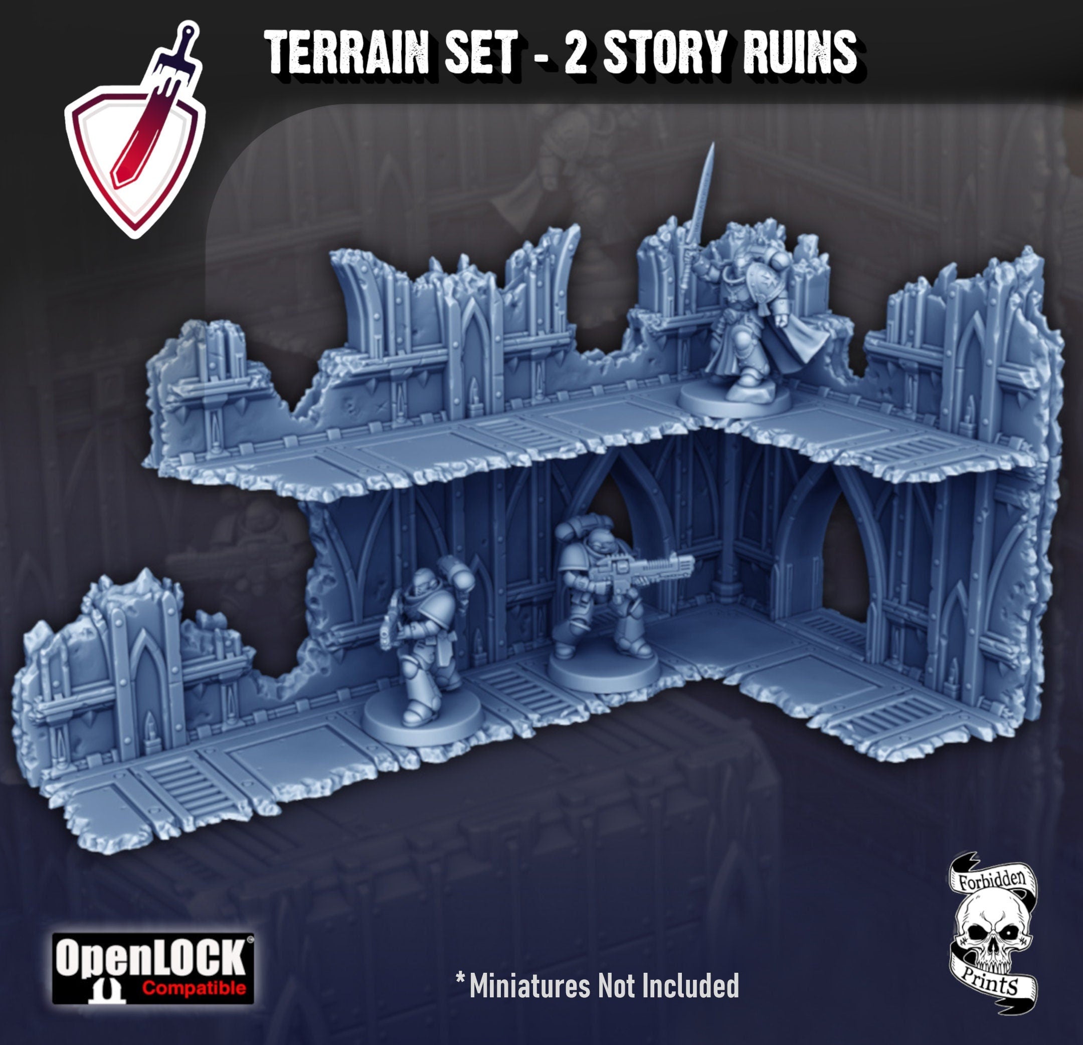Two Story Ruins Tabletop Terrain | Destroyed Gothic Cathedral | By Forbidden Prints | Great for Any Tabletop Wargame! - Brush and Battle