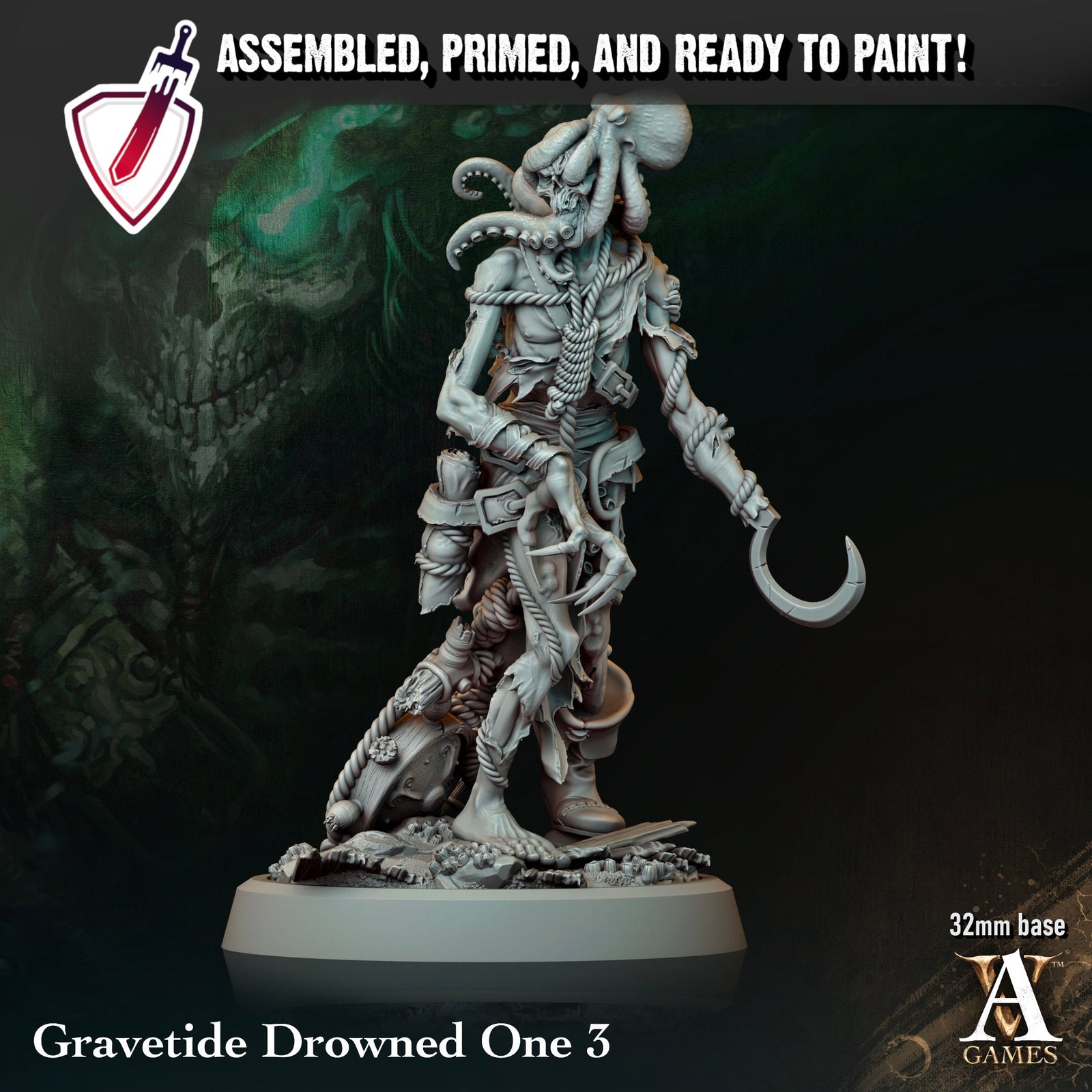 Gravetide Drowned One | Miniatures by Archvillain Games | Resin Mini for Tabletop Gaming, D&D, Pathfinder, Painting | Assembled and Primed - Brush and Battle