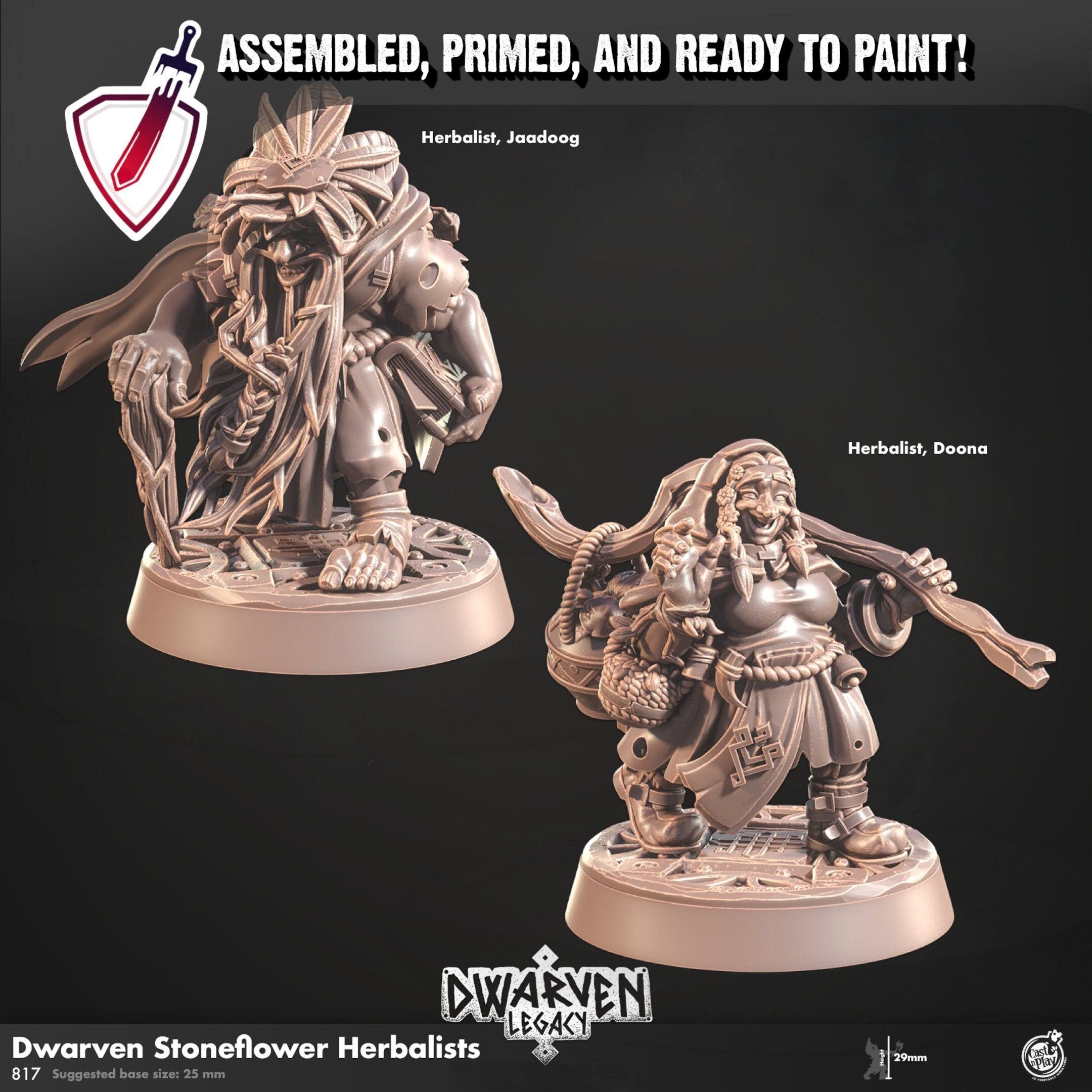 Dwarven Stoneflower Herbalist | Miniatures by Cast n Play | Resin Mini For Tabletop Gaming, D&D, Pathfinder, Painting | Assembled and Primed - Brush and Battle