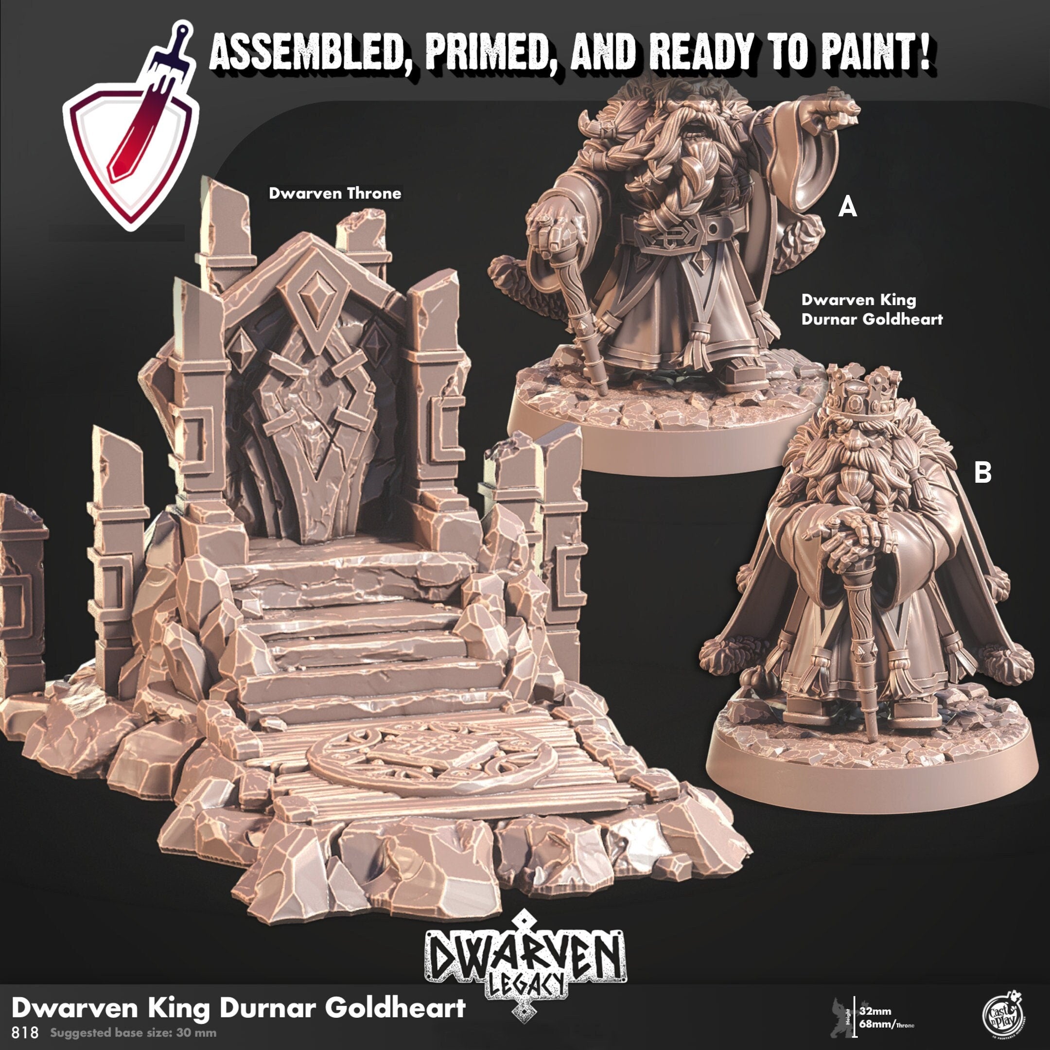Dwarven King Durnar Goldheart | Miniatures by Cast n Play | Resin Mini For Tabletop Gaming, D&D, Pathfinder, Painting | Assembled and Primed - Brush and Battle