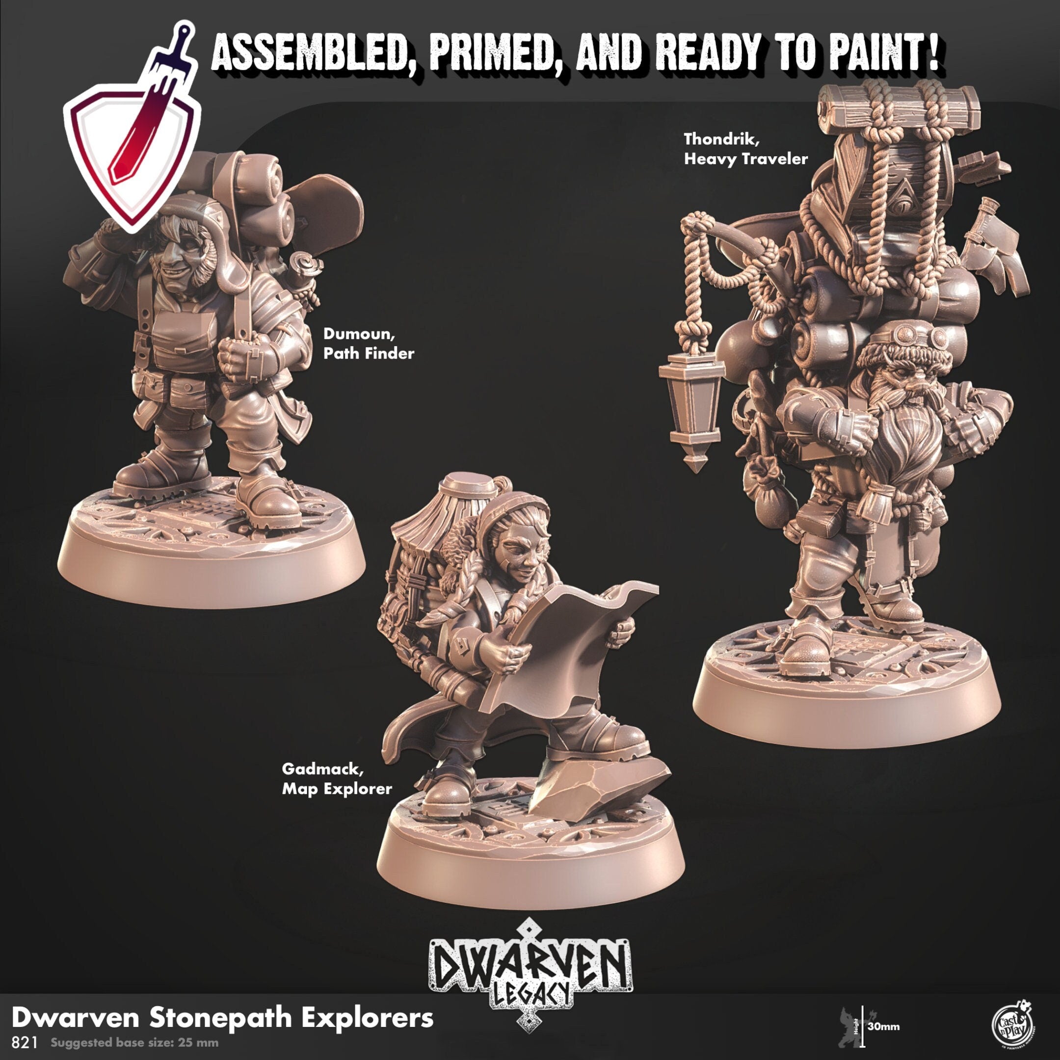 Dwarven Stonepath Explorers | Miniatures by Cast n Play | Resin Mini For Tabletop Gaming, D&D, Pathfinder, Painting | Assembled and Primed - Brush and Battle