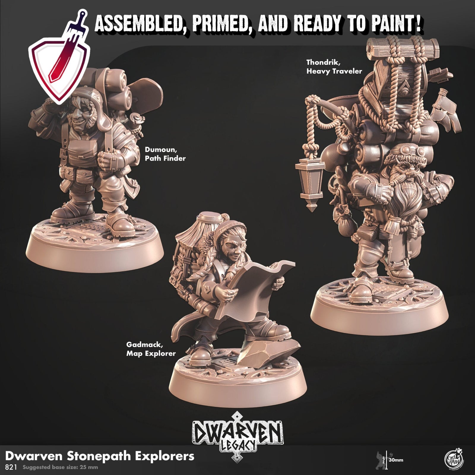 Dwarven Stonepath Explorers | Miniatures by Cast n Play | Resin Mini For Tabletop Gaming, D&D, Pathfinder, Painting | Assembled and Primed - Brush and Battle