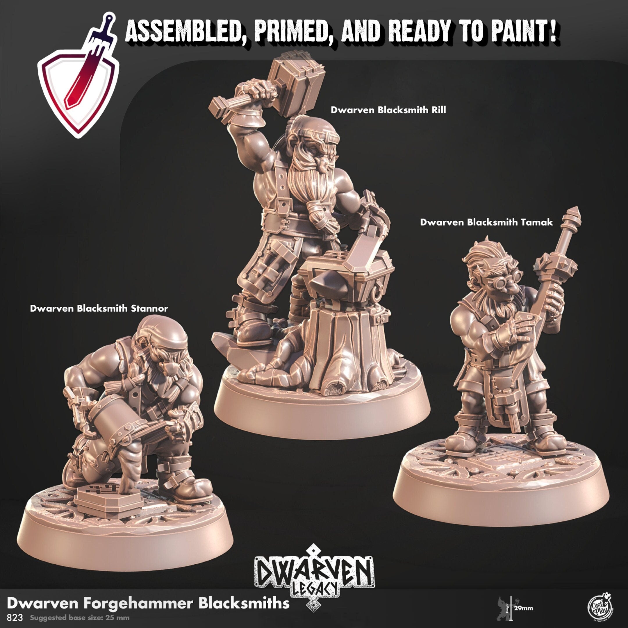 Dwarf Forgehammer Blacksmiths | Miniatures by Cast n Play | Resin Mini For Tabletop Gaming, D&D, Pathfinder, Painting | Assembled and Primed - Brush and Battle