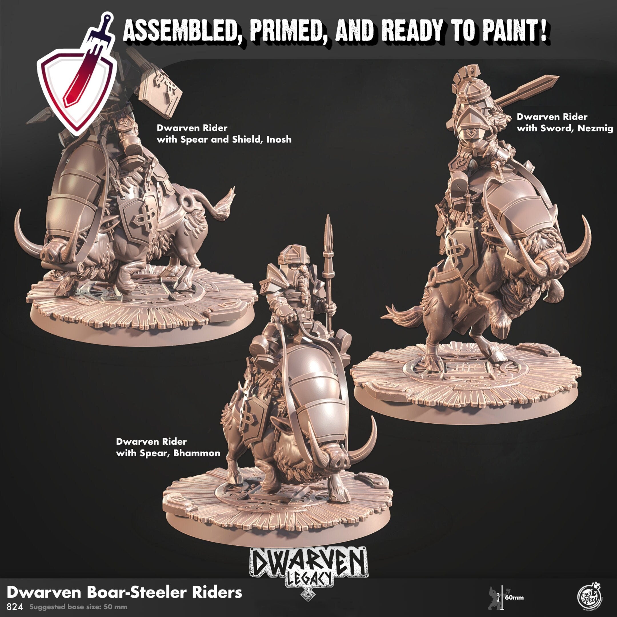 Dwarven Boar-Steeler Riders | Miniatures by Cast n Play | Resin Mini For Tabletop Gaming, D&D, Pathfinder, Painting | Assembled and Primed - Brush and Battle
