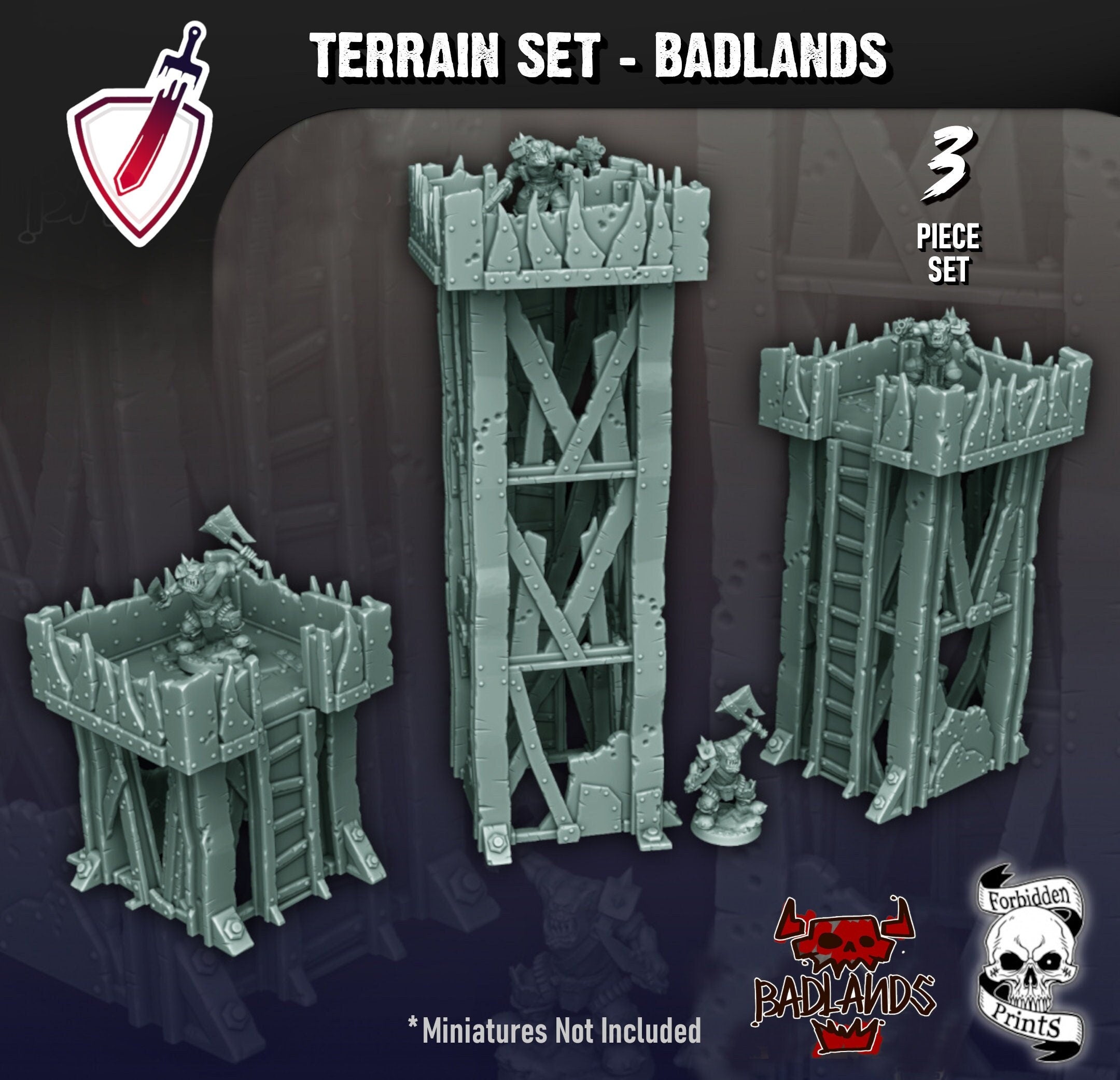 Badlands Guard Towers | Tabletop Terrain Set | By Forbidden Prints | Orc Scrap Themed Bundle Great for Any 28mm or 32mm Tabletop Wargame! - Brush and Battle
