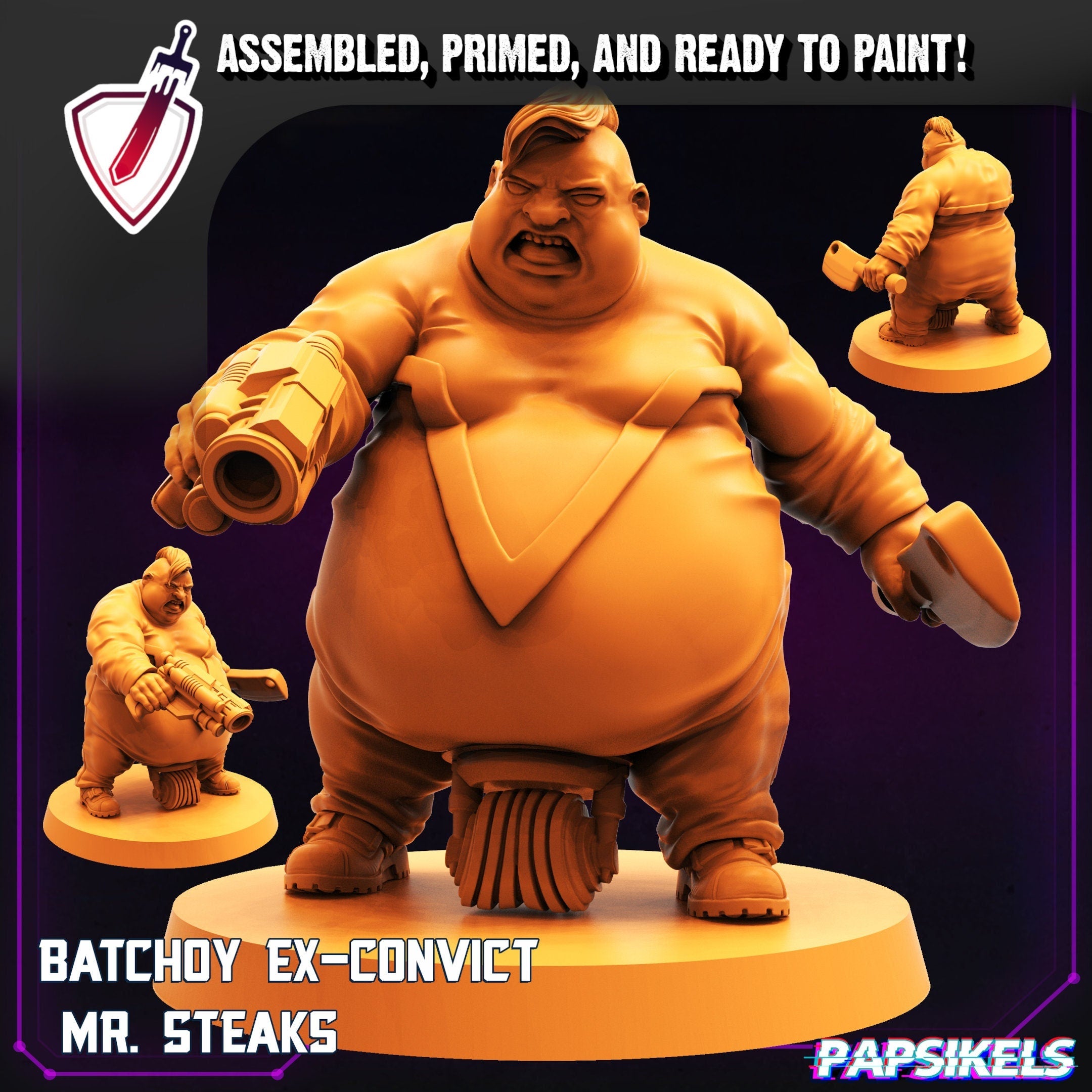 Batchoy Ex-Convict Mr. Steaks | Miniature by Papsikels | Resin Mini For Tabletop RPGs, Wargaming, and Painting | Assembled and Primed - Brush and Battle