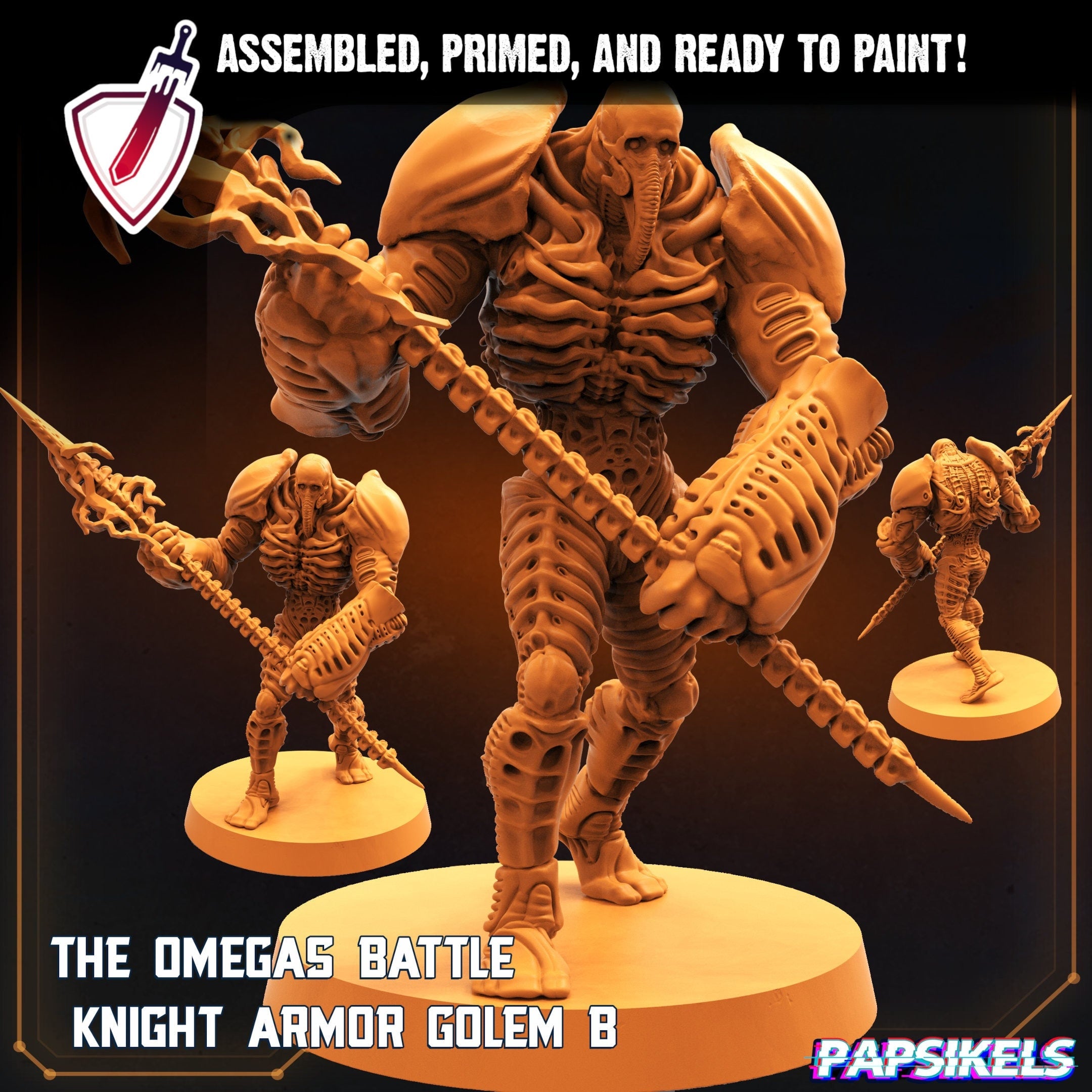 Omega Battle Knight Armor Golem B | Miniature by Papsikels | Resin Mini For Tabletop RPGs, Wargaming, and Painting | Assembled and Primed - Brush and Battle