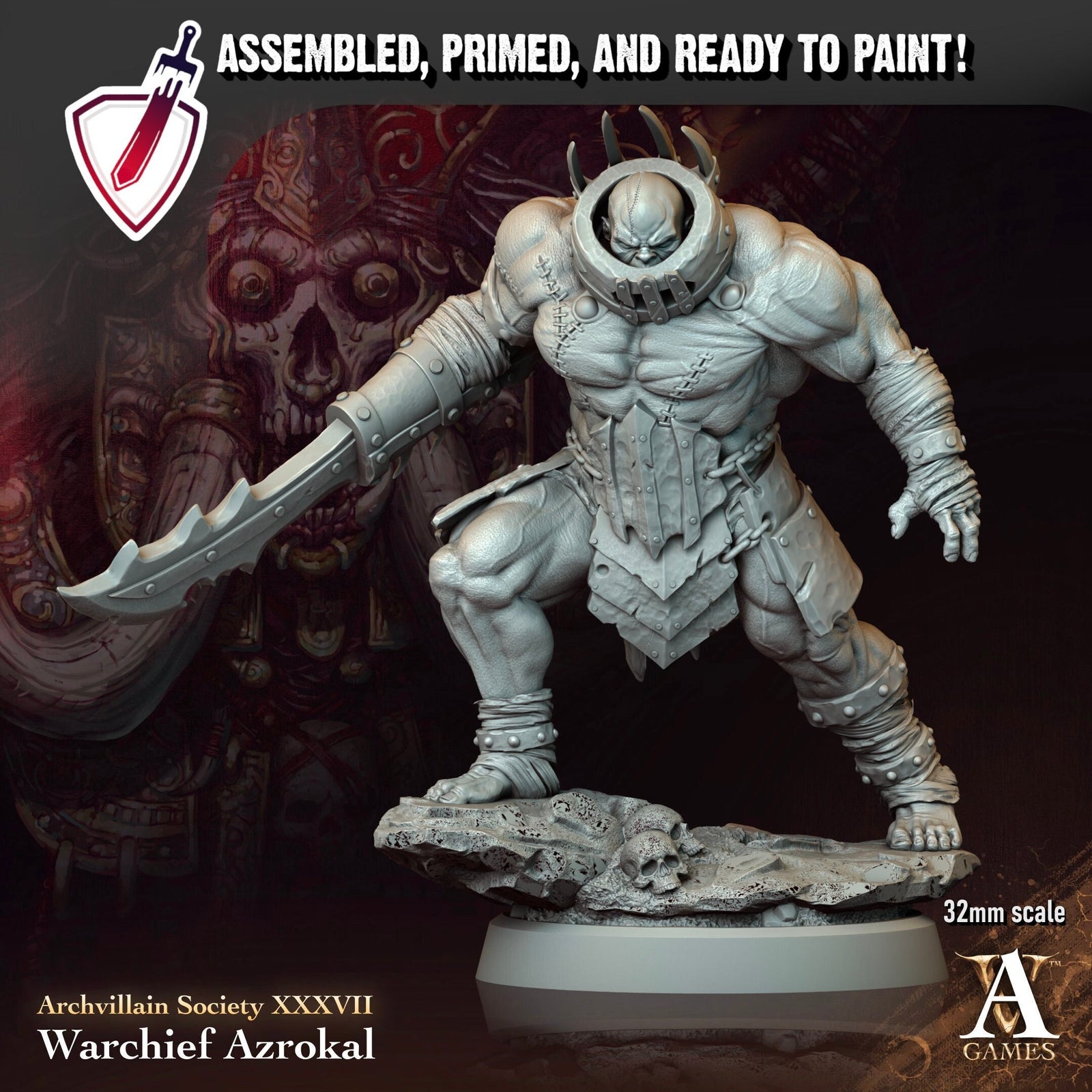 Warchief Azrokal | Miniature By Archvillain Games | For Tabletop Gaming, D&D, Pathfinder, And Painting | Assembled And Primed - Brush and Battle
