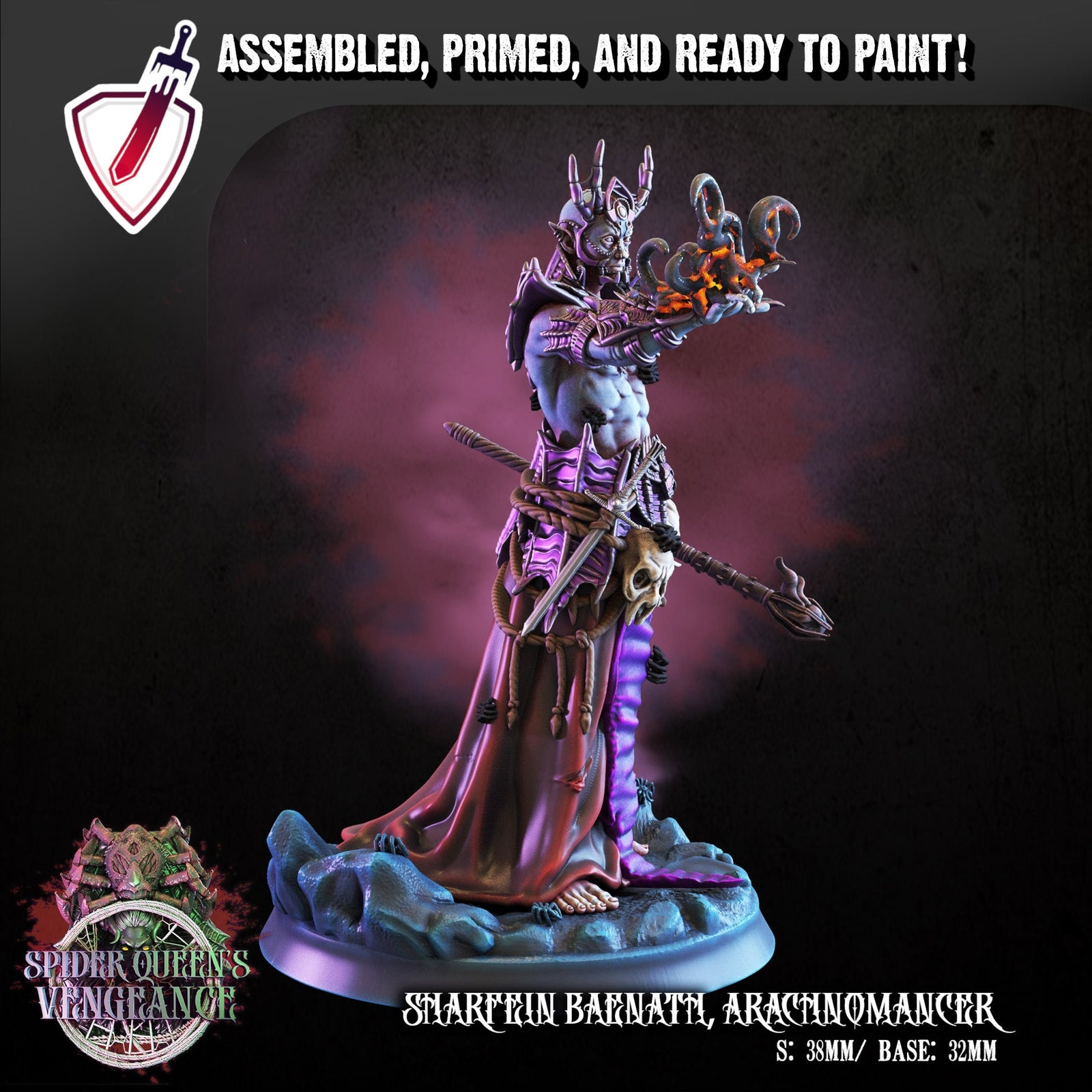 Sharfein Baenath Arachnomancer | Miniature By Crippled God Foundry | For Tabletop Gaming, D&D, Pathfinder, Painting | Assembled And Primed - Brush and Battle