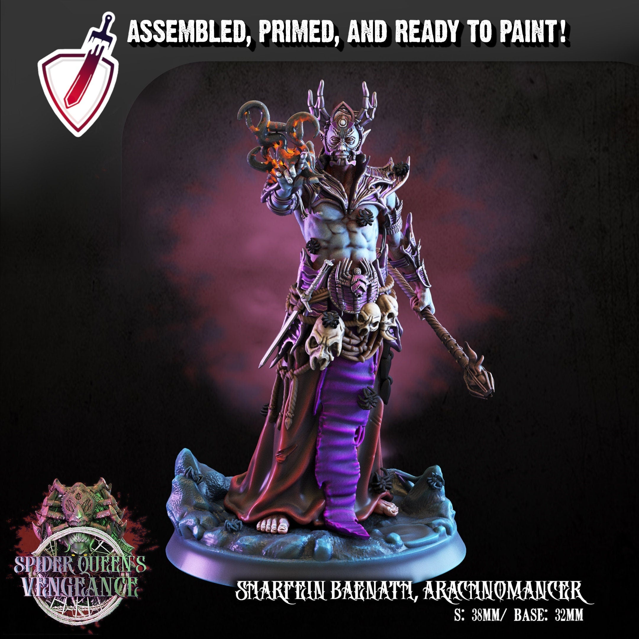 Sharfein Baenath Arachnomancer | Miniature By Crippled God Foundry | For Tabletop Gaming, D&D, Pathfinder, Painting | Assembled And Primed - Brush and Battle