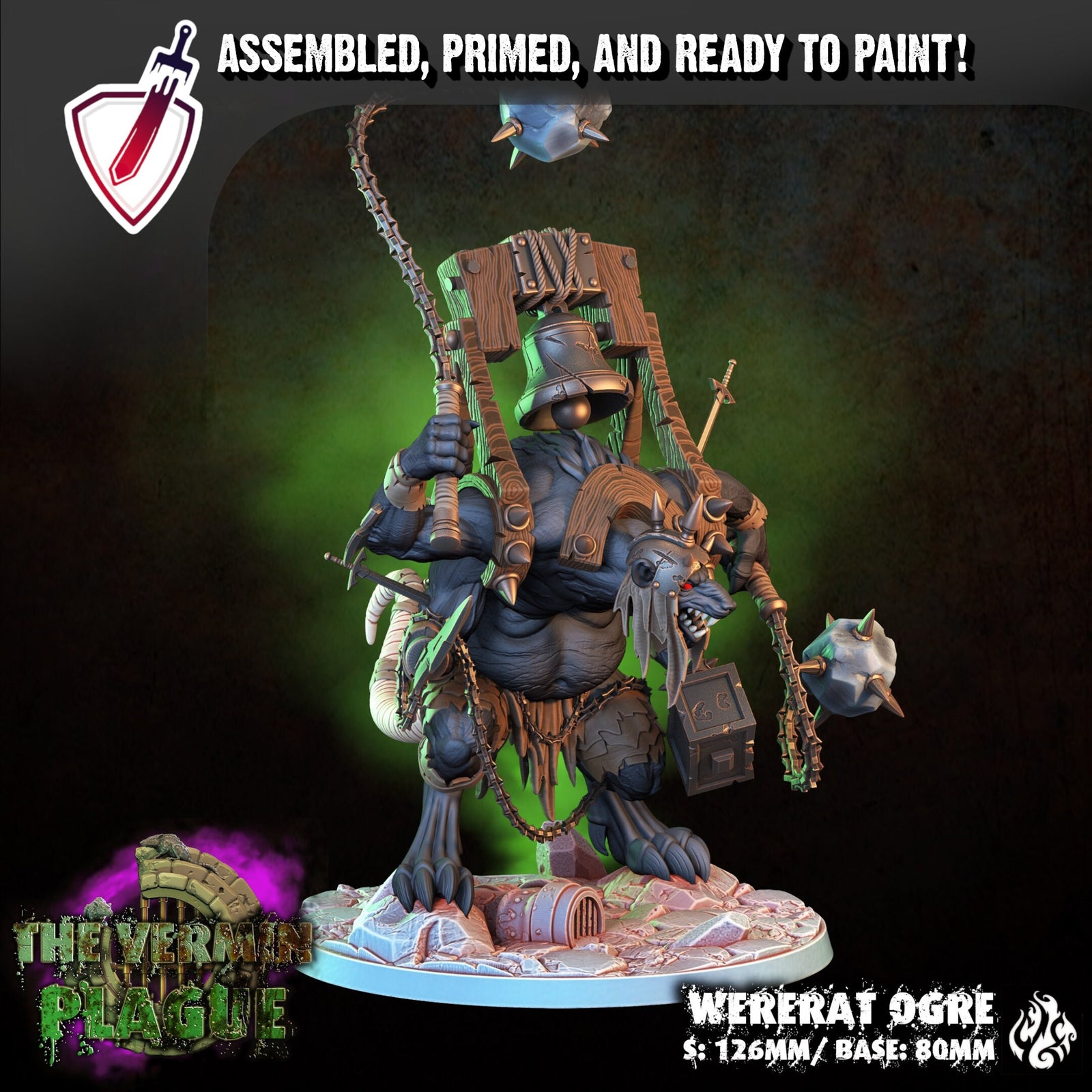 Wererat Ogre | (Large) Miniature By Crippled God Foundry | For Tabletop Gaming, D&D, Pathfinder, And Painting | Assembled And Primed - Brush and Battle