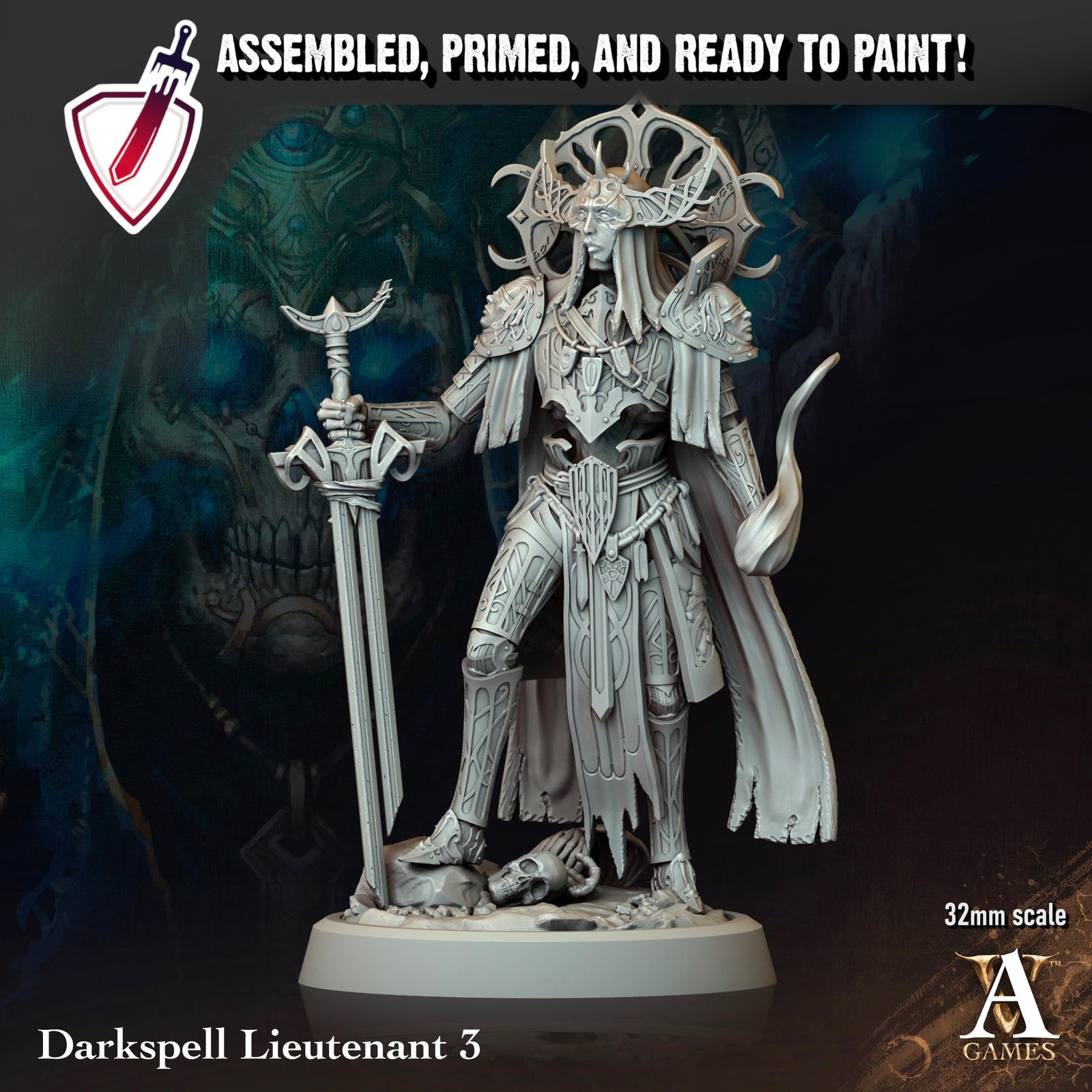 Darkspell Lieutenant | Miniatures By Archvillain Games | For Tabletop Gaming, D&D, Pathfinder, Painting | Assembled And Primed - Brush and Battle