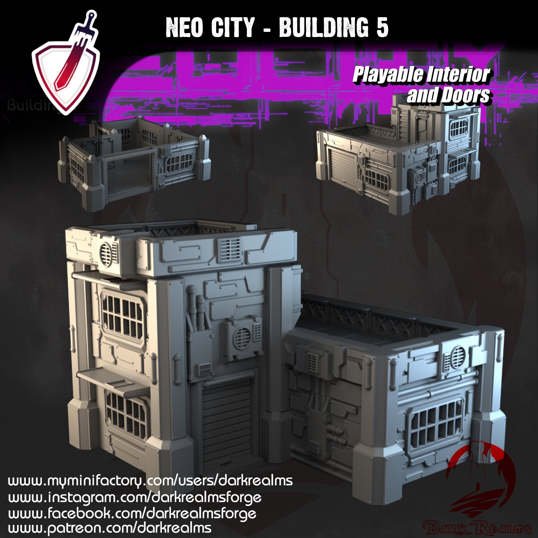 Neo City Building 5 | By Dark Realms | Cyberpunk Building Terrain With Interior | Great For Any Tabletop Wargame Or RPG! - Brush and Battle