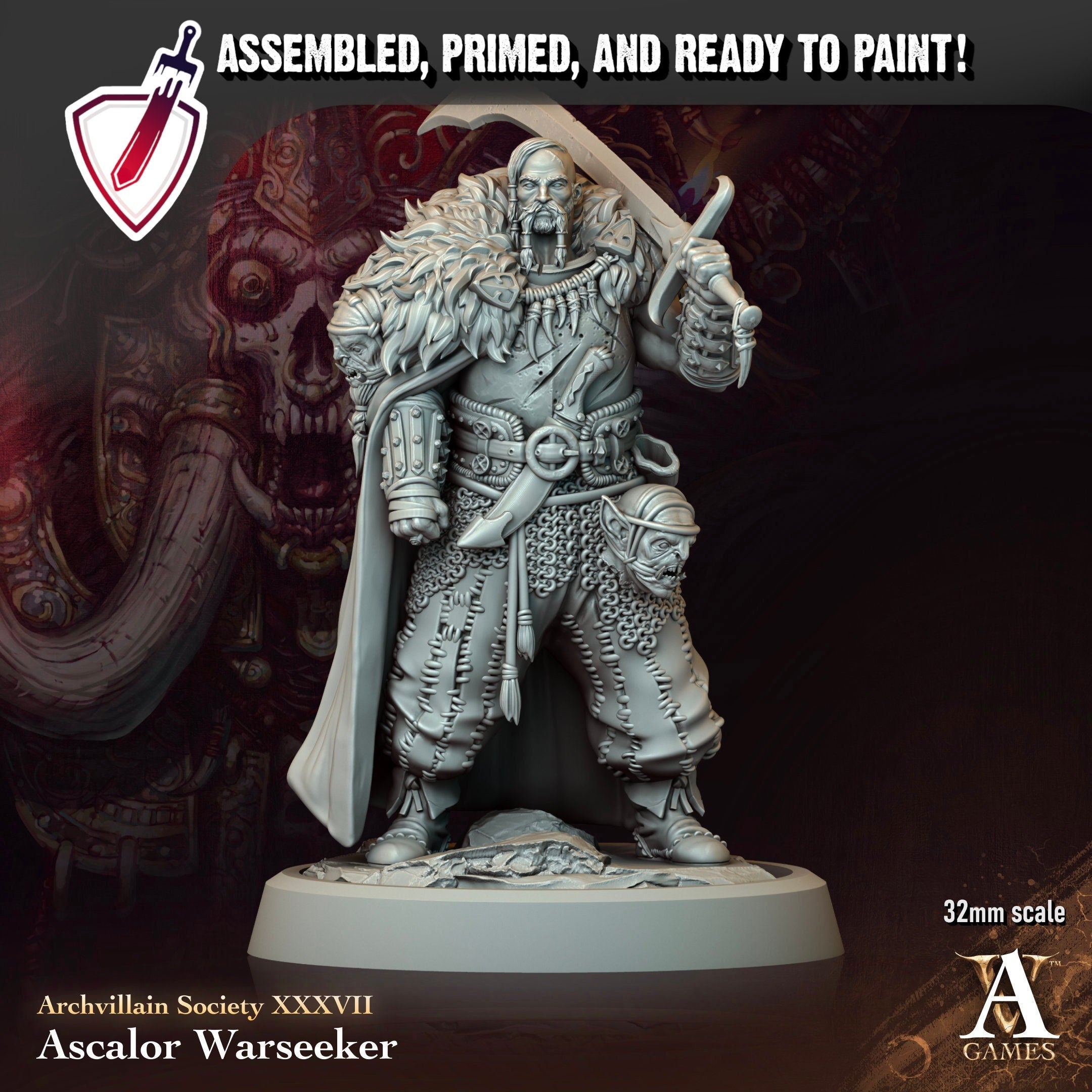 Ascalor Warseeker | Miniature By Archvillain Games | For Tabletop Gaming, D&D, Pathfinder, And Painting | Assembled And Primed - Brush and Battle