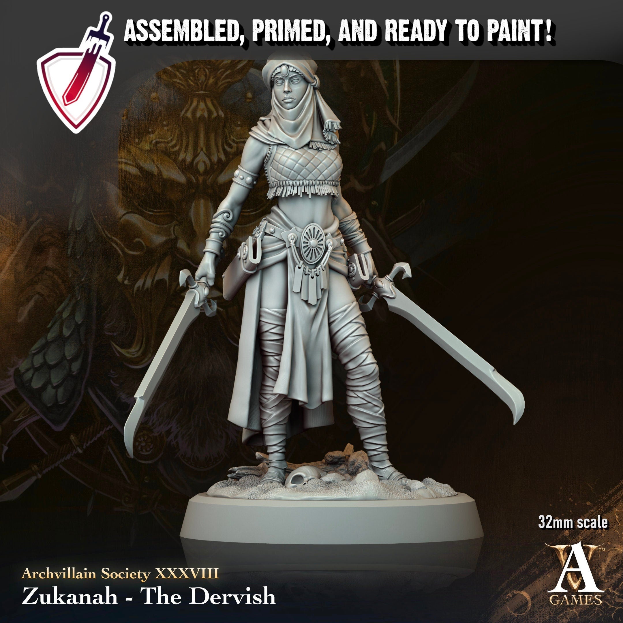Zukanah The Dervish | Miniature By Archvillain Games | For Tabletop Gaming, D&D, Pathfinder, And Painting | Assembled And Primed - Brush and Battle
