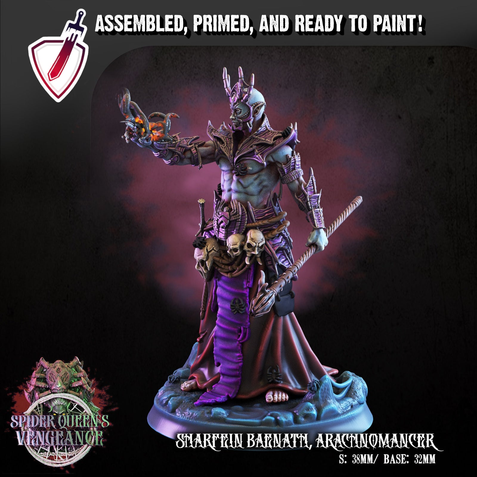 Sharfein Baenath Arachnomancer | Miniature By Crippled God Foundry | For Tabletop Gaming, D&D, Pathfinder, Painting | Assembled And Primed - Brush and Battle