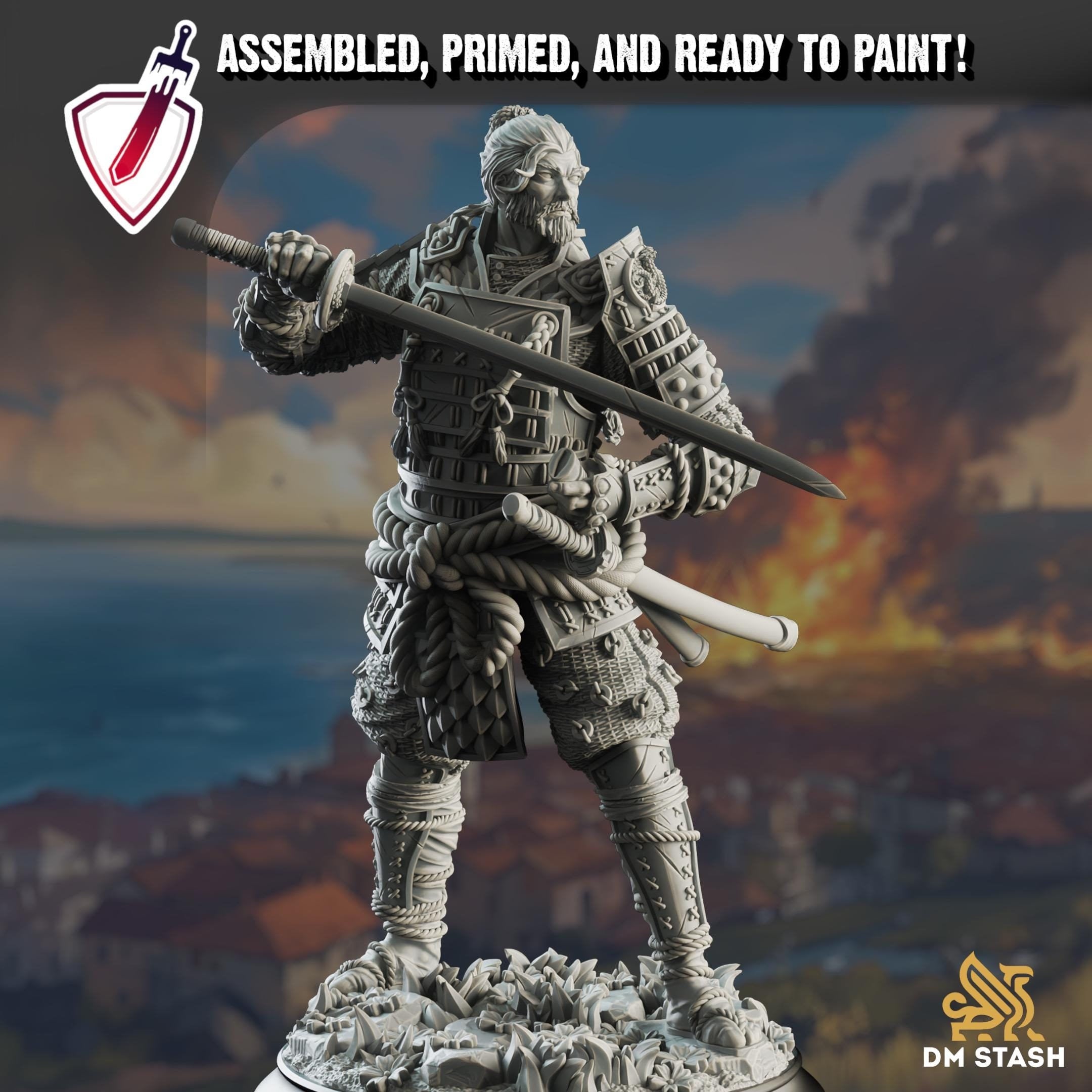 Wandering Samurai - Saburo Ryu | Miniature by DM Stash | Resin Mini For Tabletop Gaming, D&D, Pathfinder, Painting | Assembled and Primed