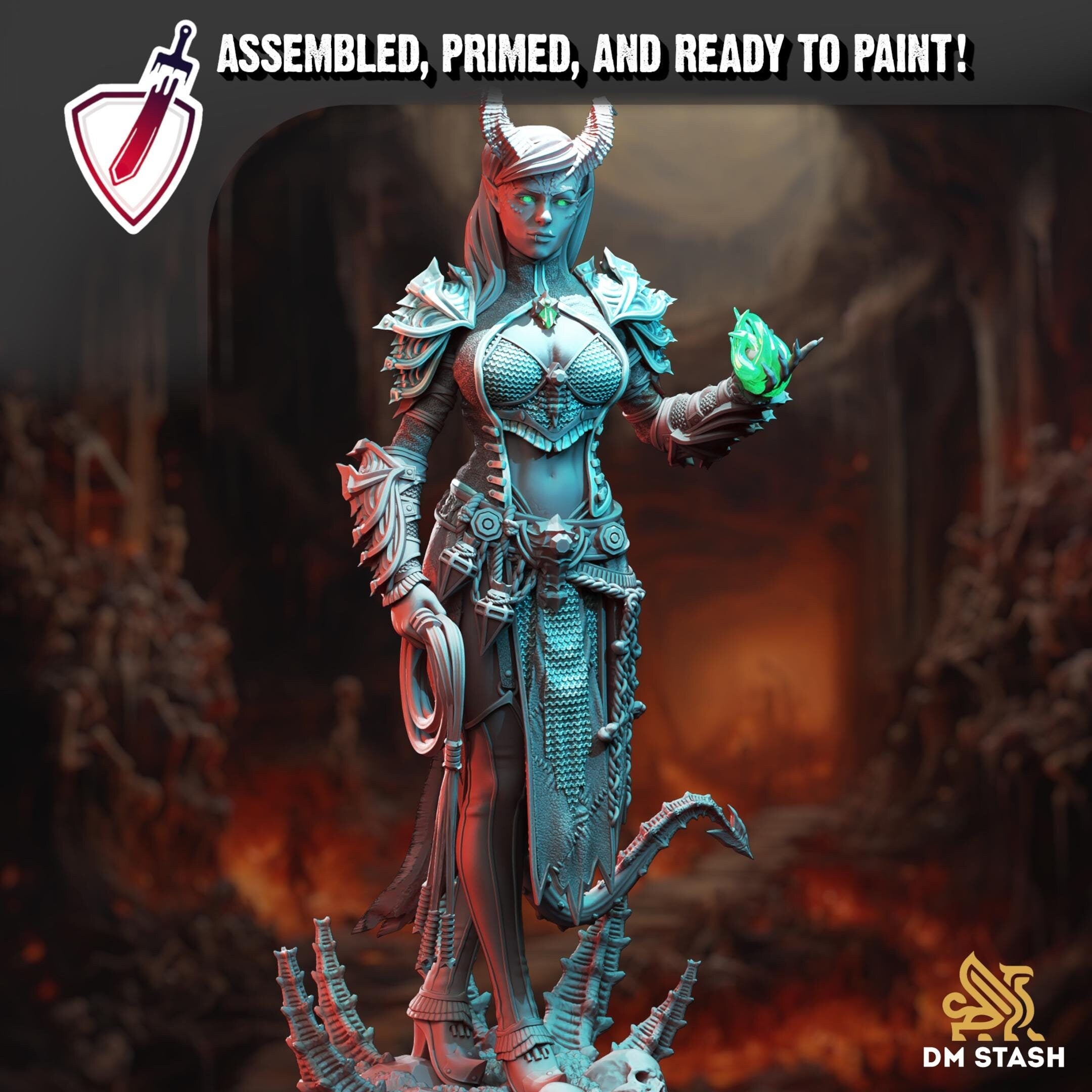Tiefling Fiend Warlock - Skardi | Miniature by DM Stash | Resin Mini For Tabletop Gaming, D&D, Pathfinder, Painting | Assembled and Primed