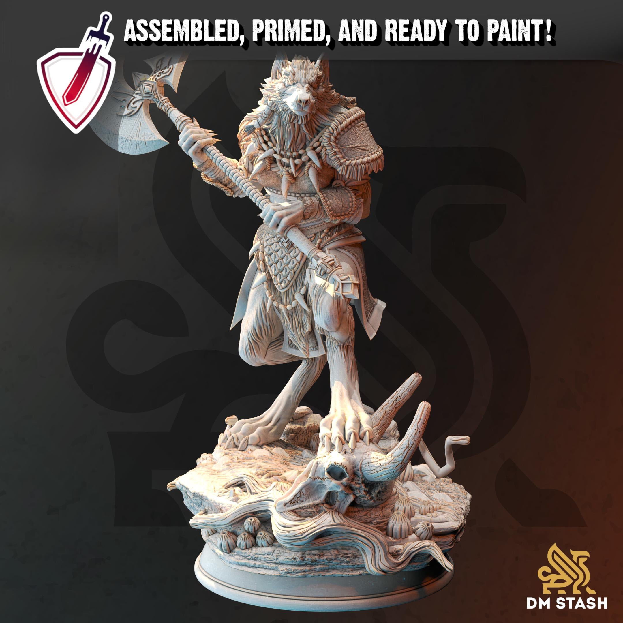 Werewolf Barbarian - Ariana Grey | Miniature by DM Stash | Resin Mini For Tabletop Gaming, D&D, Pathfinder, Painting | Assembled and Primed