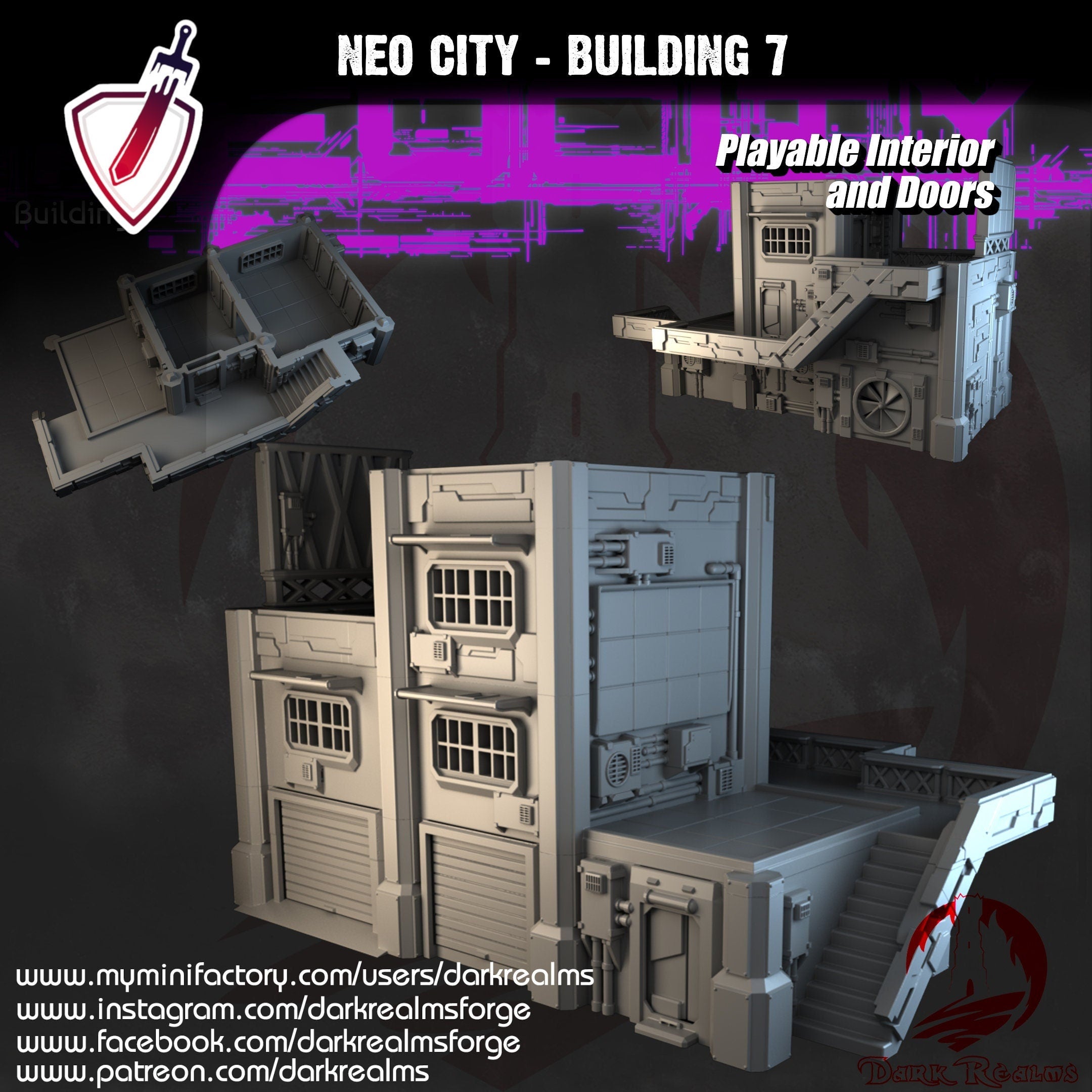 Neo City Building 7 | By Dark Realms | Cyberpunk Building Terrain With Interior | Great For Any Tabletop Wargame Or RPG! - Brush and Battle