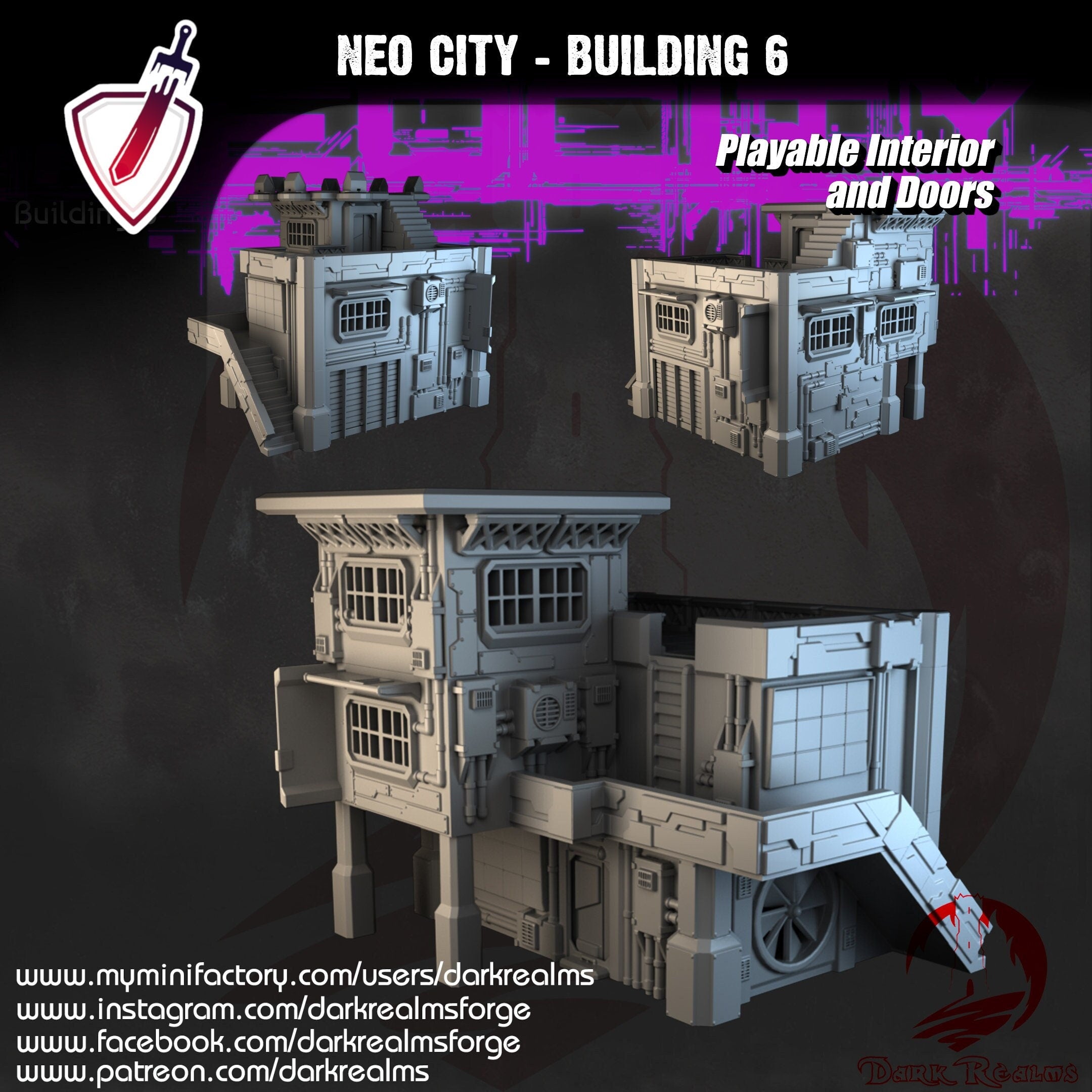 Neo City Building 6 | By Dark Realms | Cyberpunk Building Terrain With Interior | Great For Any Tabletop Wargame Or RPG! - Brush and Battle