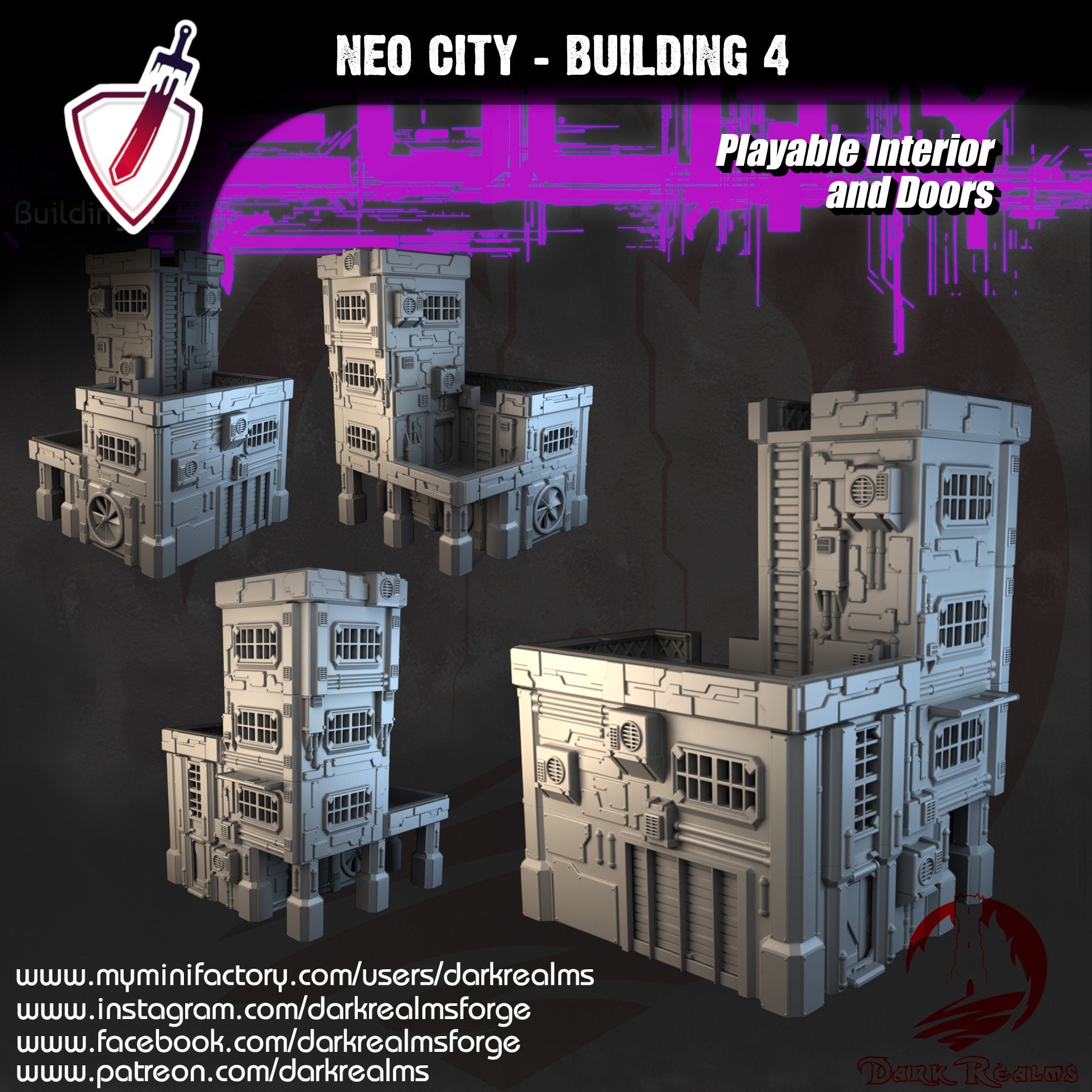 Neo City Building 4 | By Dark Realms | Cyberpunk Building Terrain With Interior | Great For Any Tabletop Wargame Or RPG! - Brush and Battle