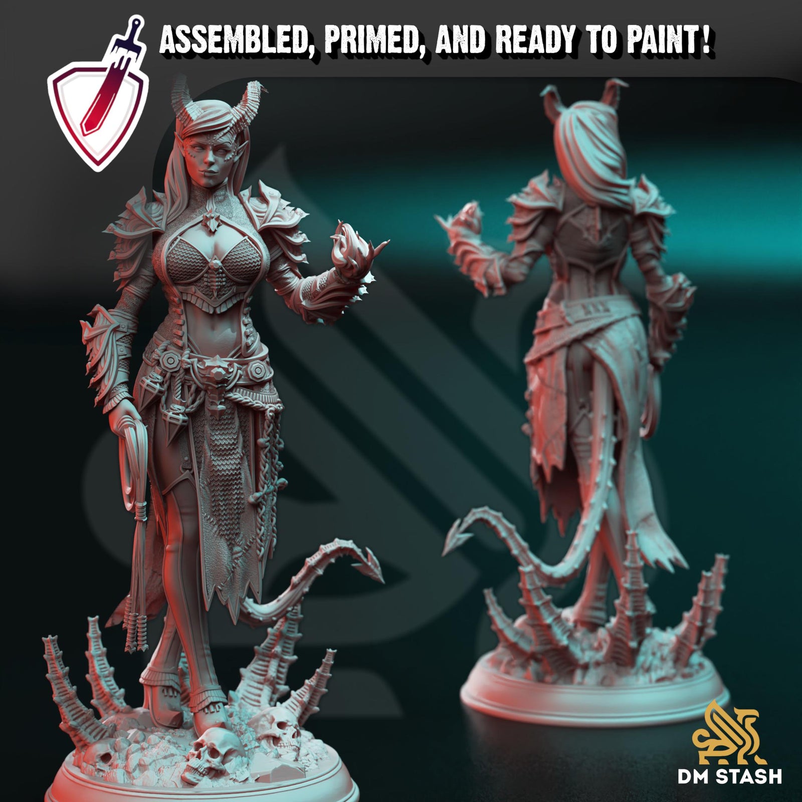 Tiefling Fiend Warlock - Skardi | Miniature by DM Stash | Resin Mini For Tabletop Gaming, D&D, Pathfinder, Painting | Assembled and Primed