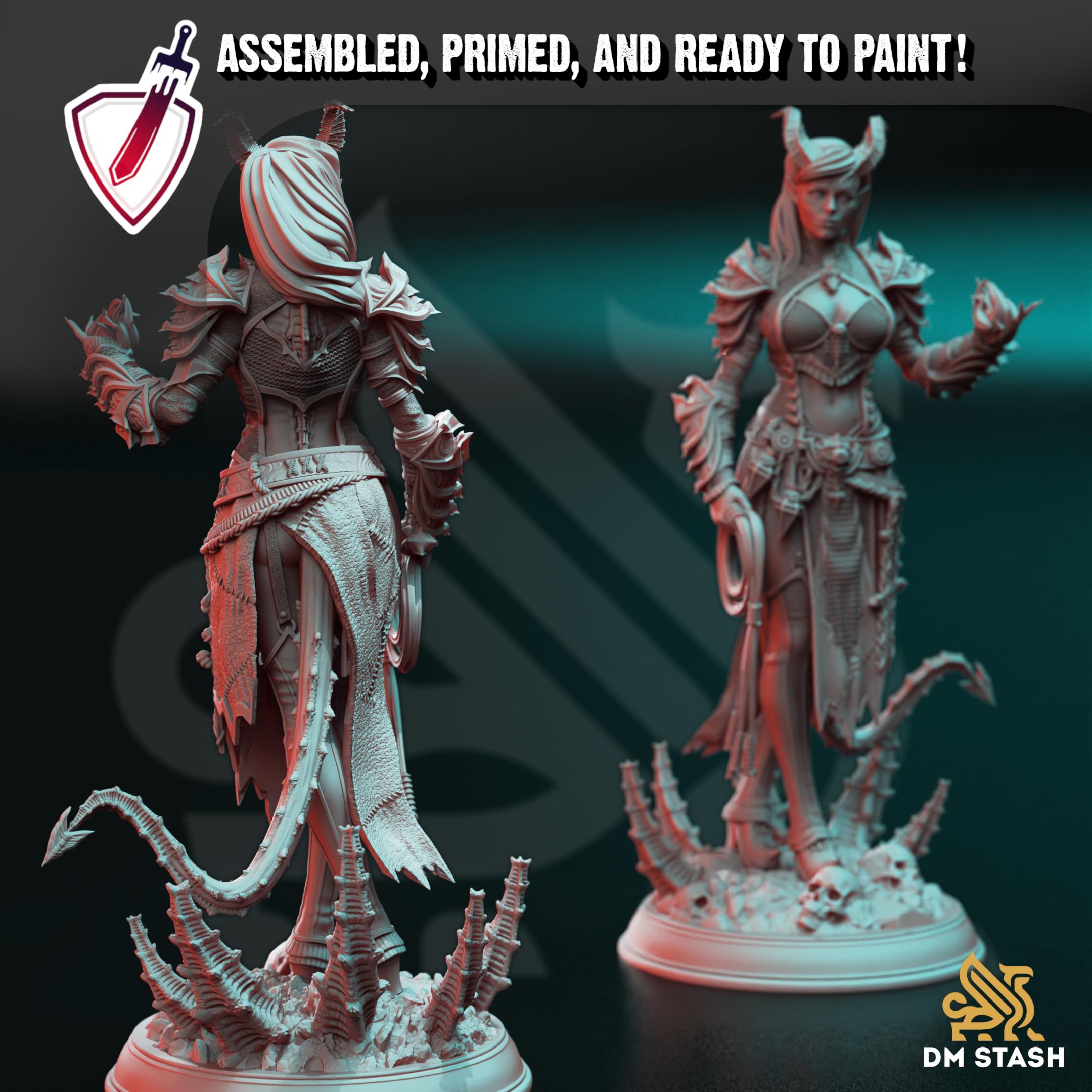 Tiefling Fiend Warlock - Skardi | Miniature by DM Stash | Resin Mini For Tabletop Gaming, D&D, Pathfinder, Painting | Assembled and Primed