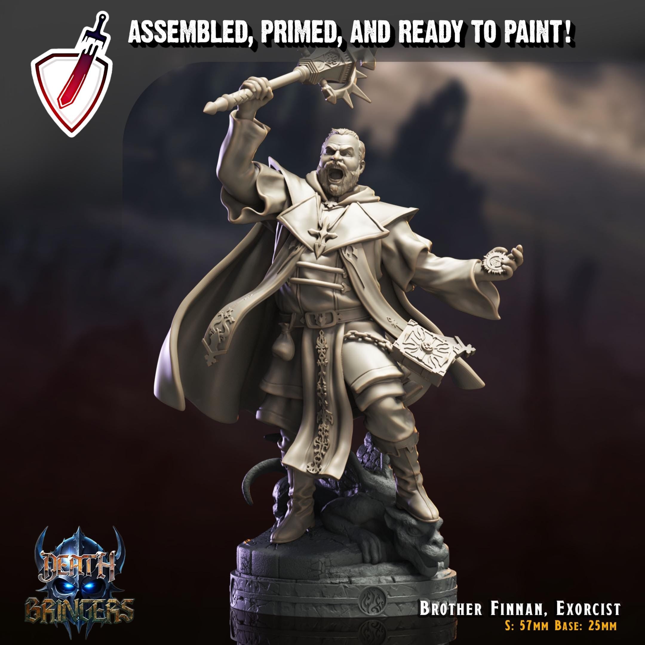 Brother Finnan, Exorcist | Miniature by Crippled God Foundry | For Tabletop Gaming, D&D, Pathfinder, Painting | Assembled and Primed